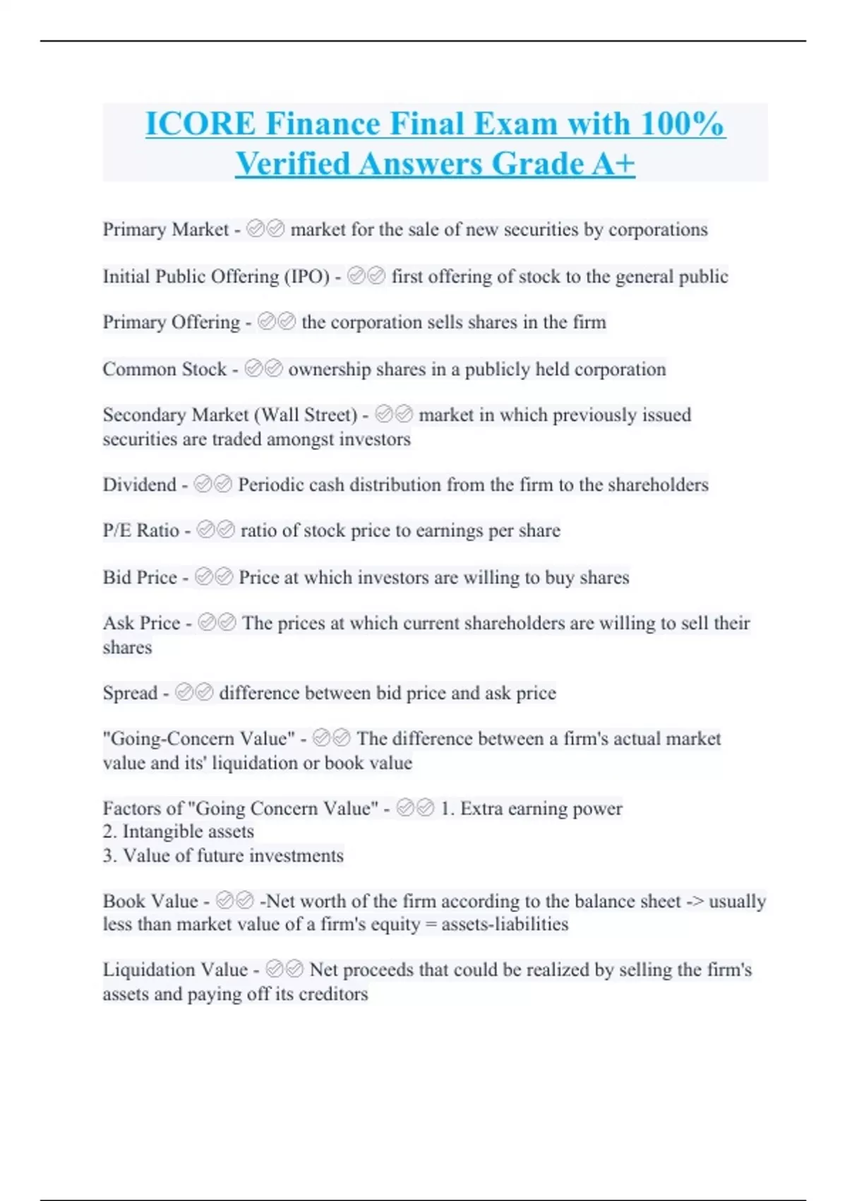 ICORE Finance Final Exam with 100% Verified Answers Grade A+ - I CORE ...