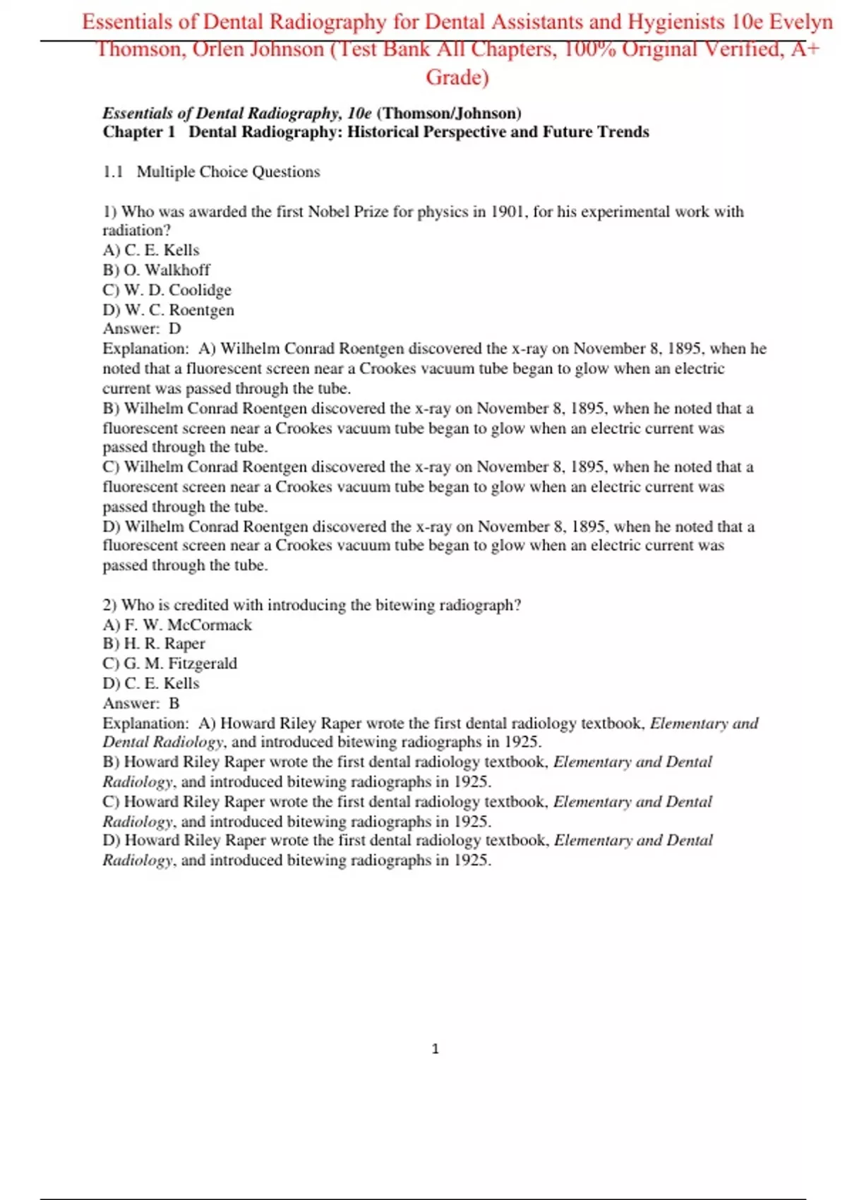 Test Bank For Essentials of Dental Radiography for Dental Assistants