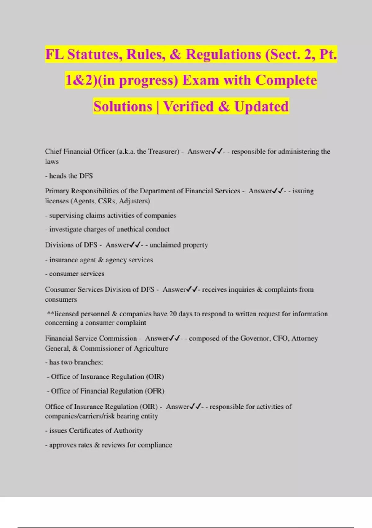 Florida Statues Rules and Regulations Compiled Exams Questions and