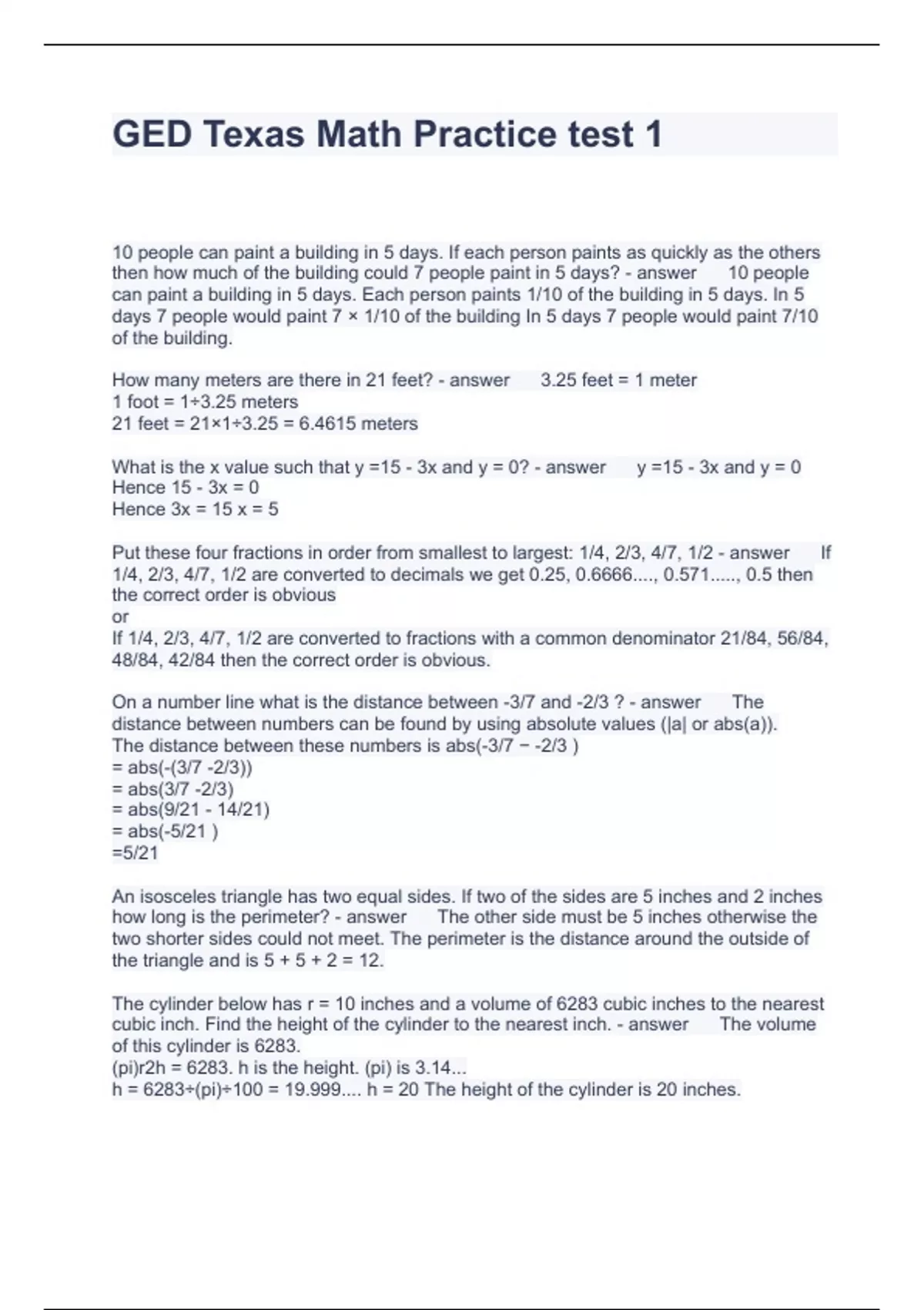 Ged Math Question Form GED Texas Math Practice test 1 Questions and Answers - Ged - Stuvia US