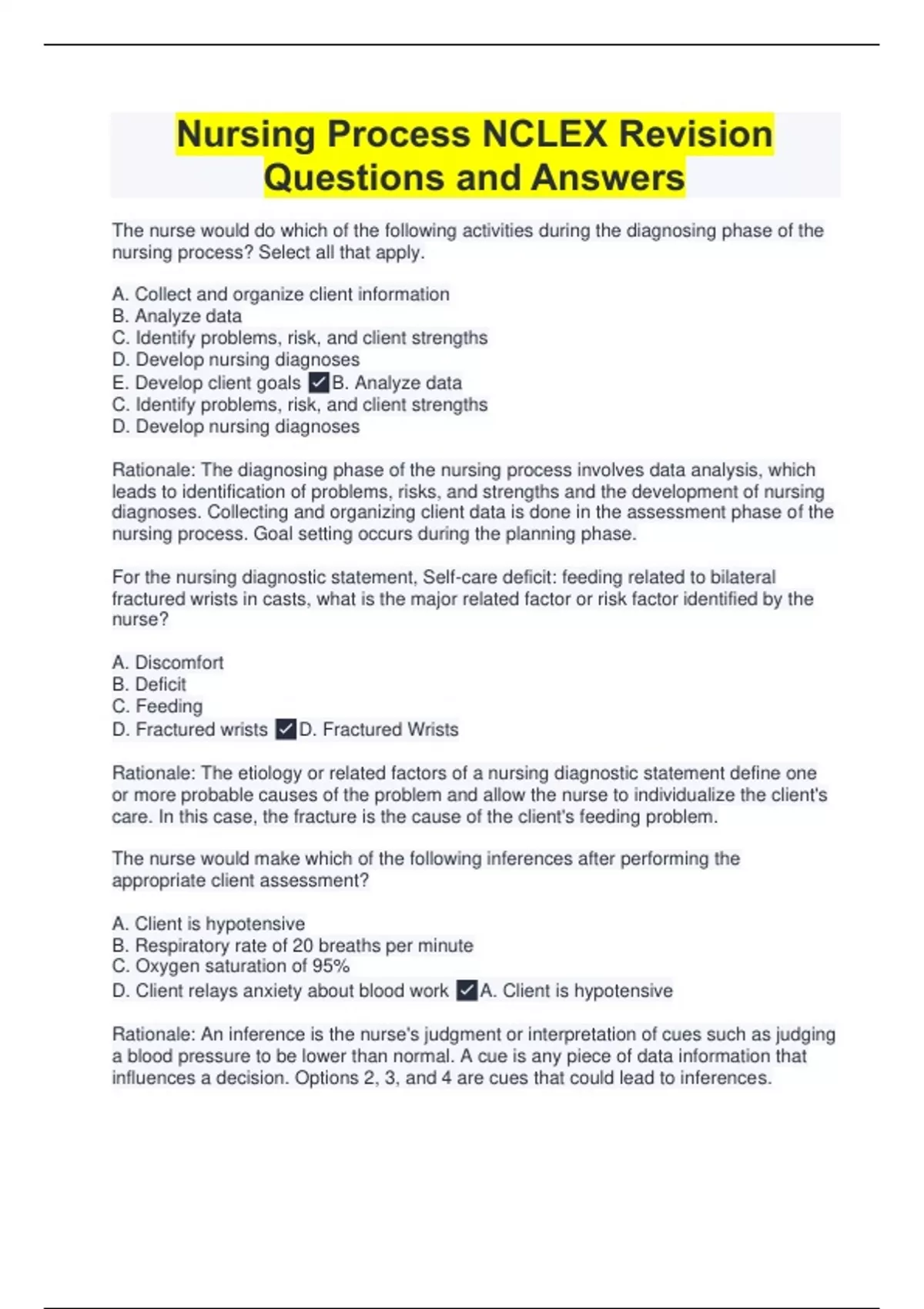 Nursing Process NCLEX Revision Questions and Answers - Nursing ...