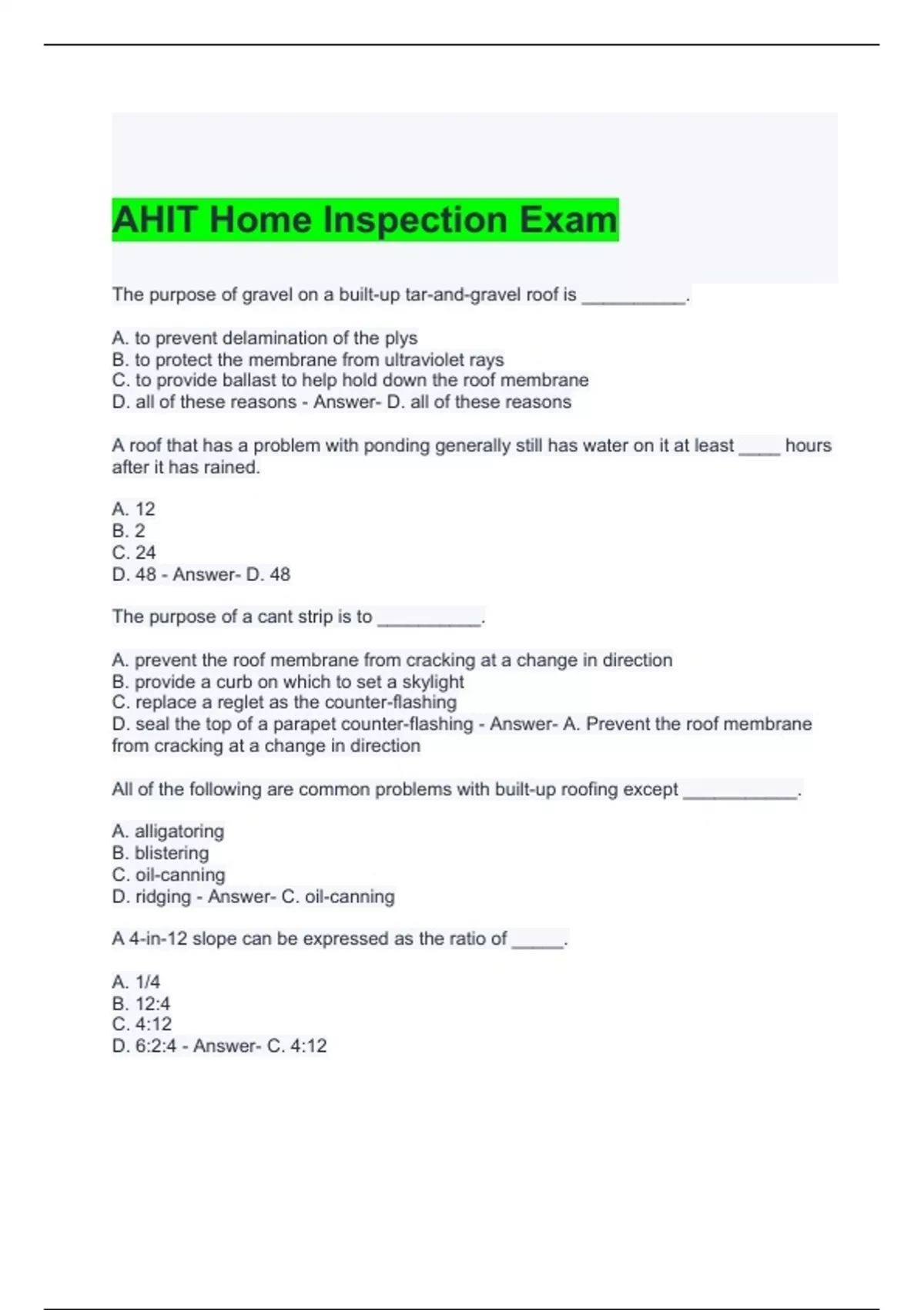 AHIT Home Inspection Exam Questions and Answers AHIT Stuvia US