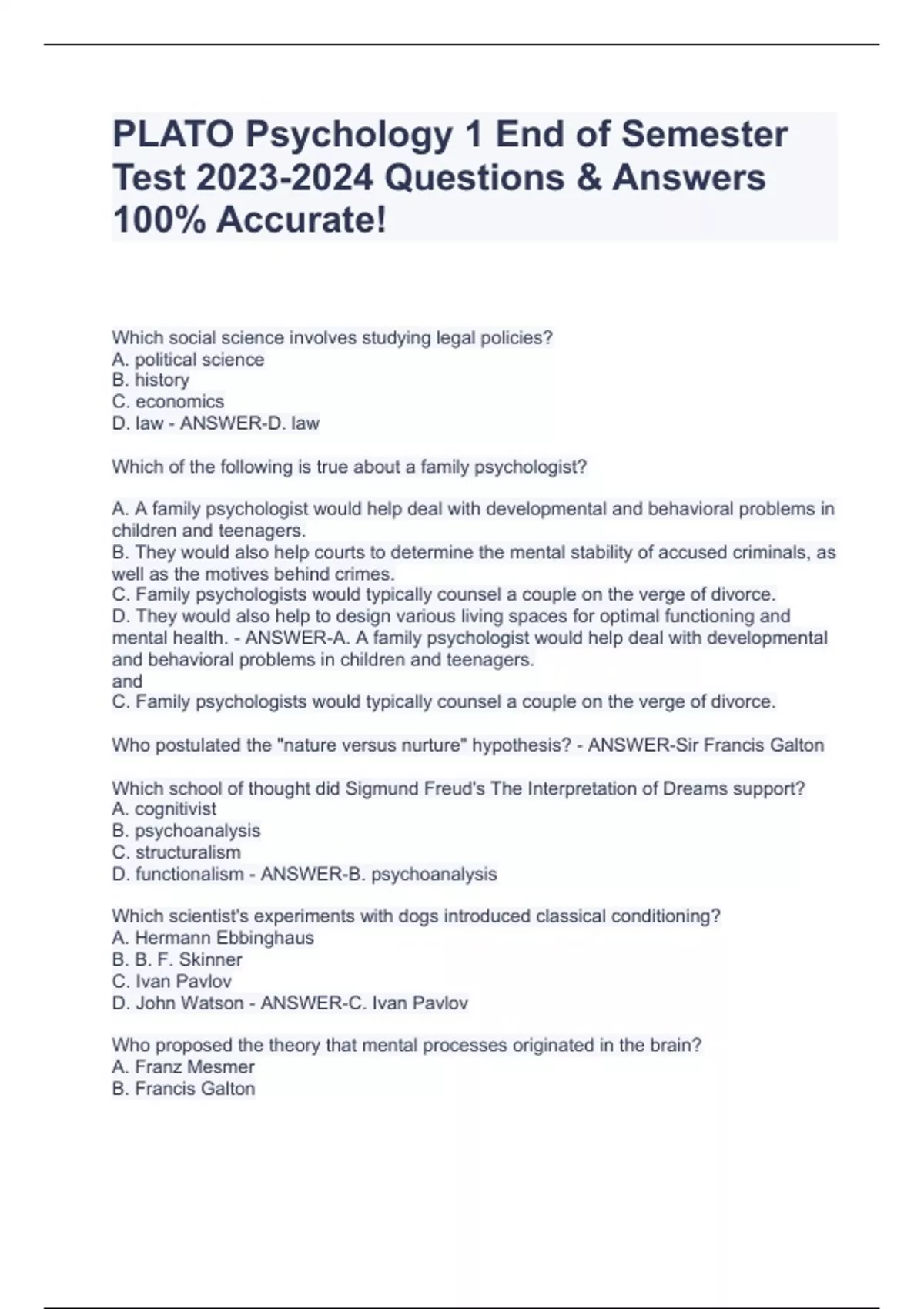 PLATO Psychology 1 End of Semester Test Questions & Answers 100