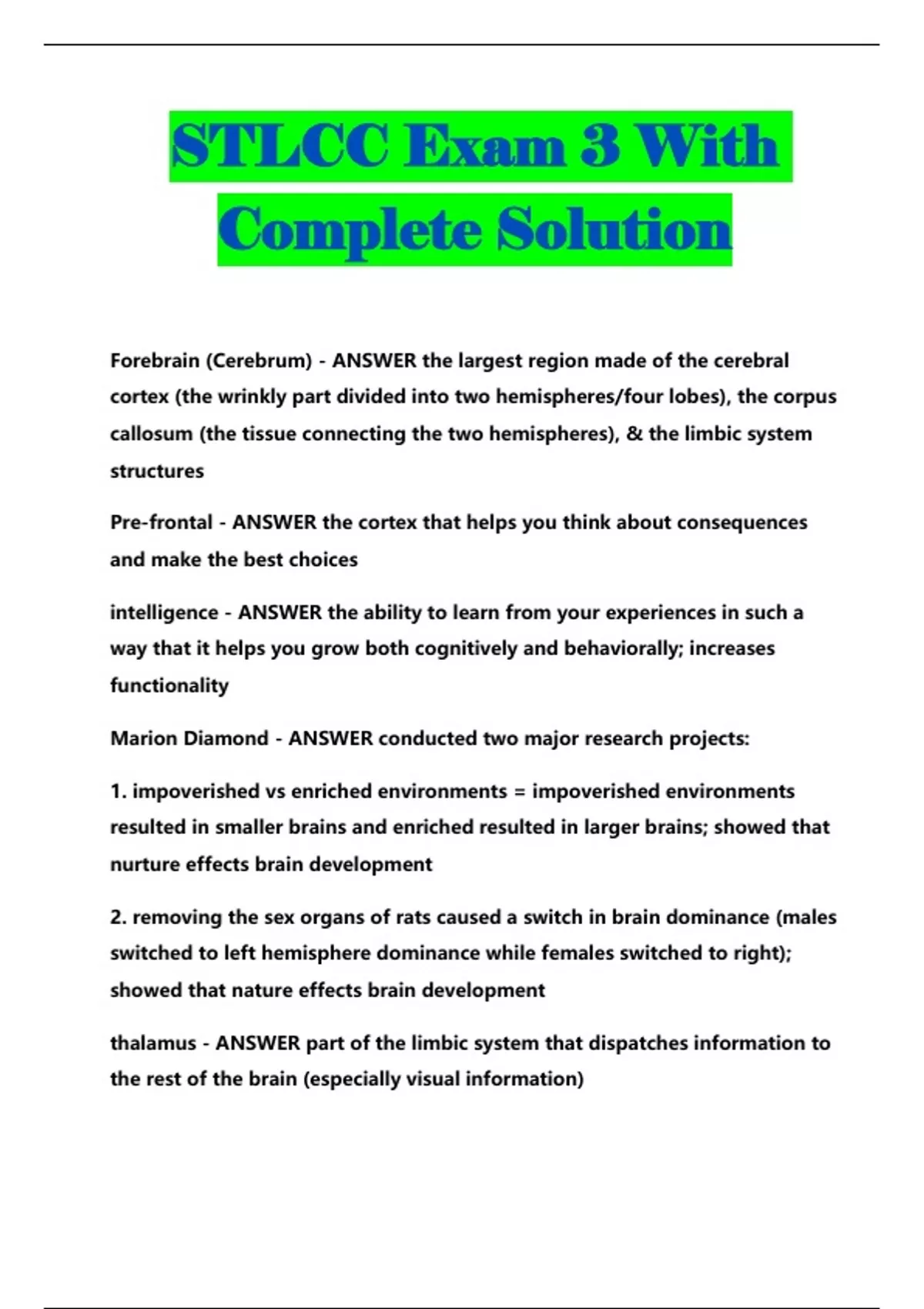STLCC Exam 3 With Complete Solution - STLCC - Stuvia US
