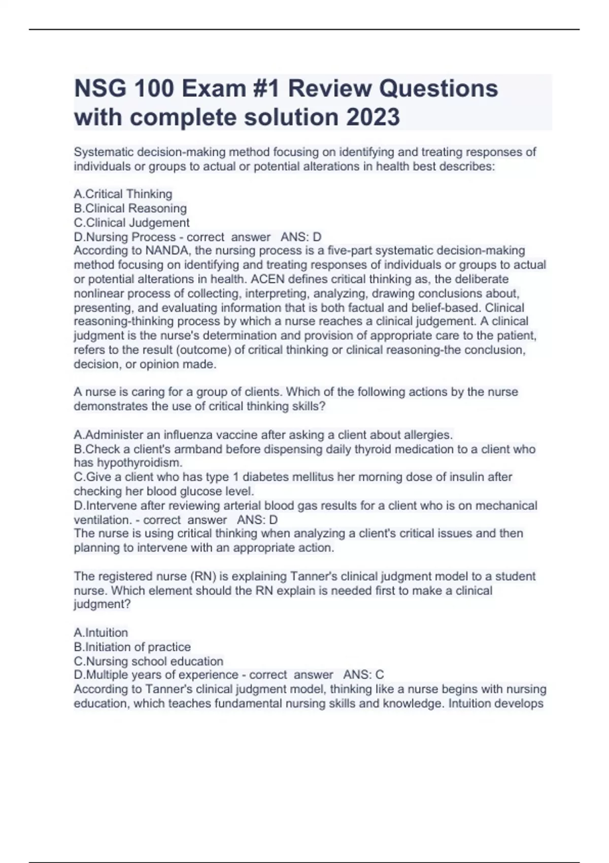 NSG 100 Exam #1 Review Questions with ACCURATE DETAILED complete ...