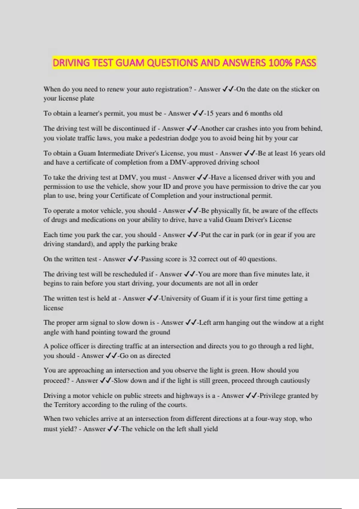 Guam Drivers Abstract Example DRIVING TEST GUAM QUESTIONS AND ANSWERS 100% PASS - Guam Drivers ...