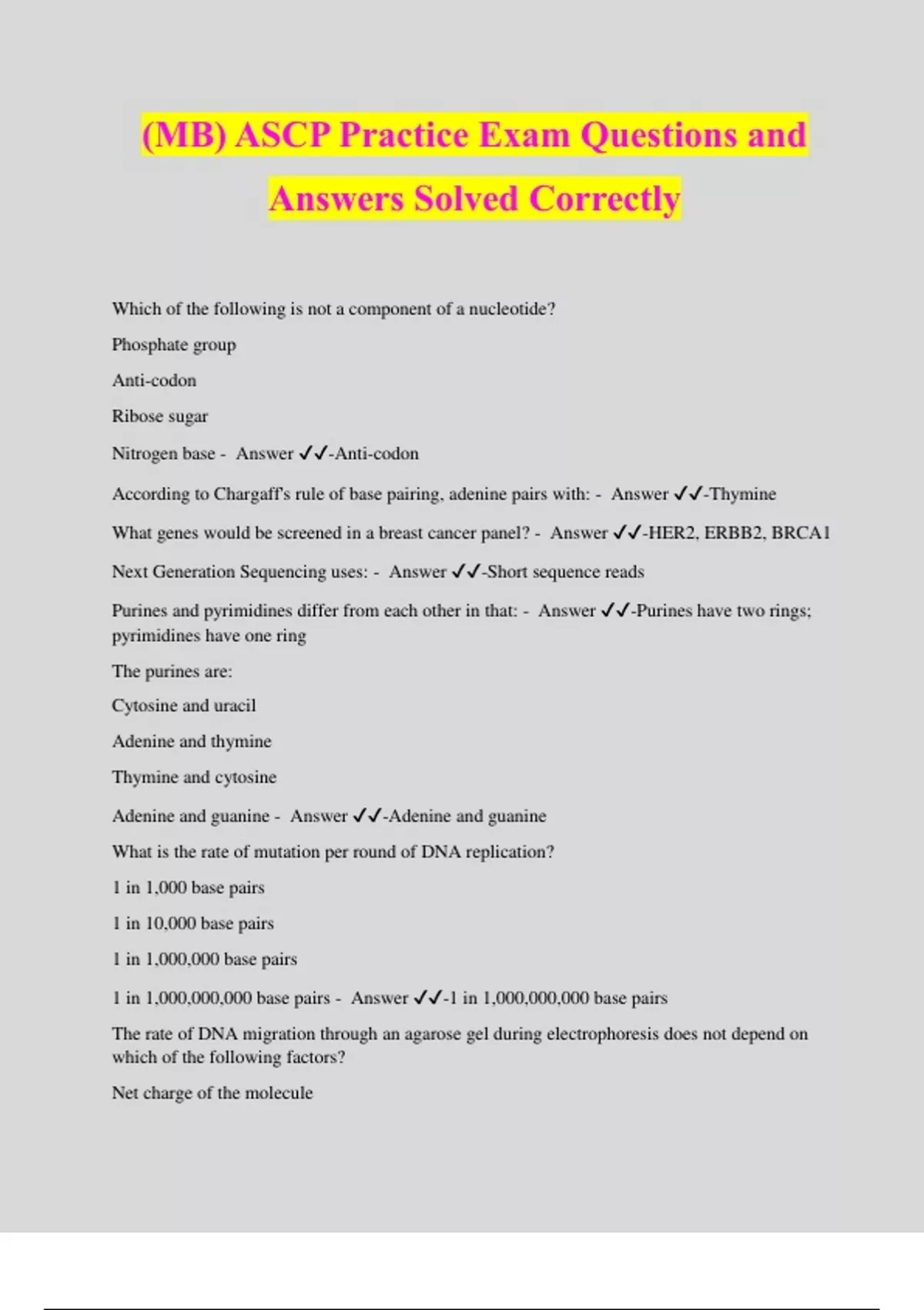 (MB) ASCP Practice Exam Questions and Answers Solved Correctly ASCP