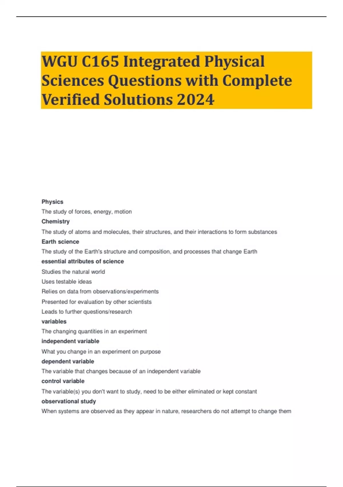 WGU C165 Integrated Physical Sciences Questions with Complete Verified ...