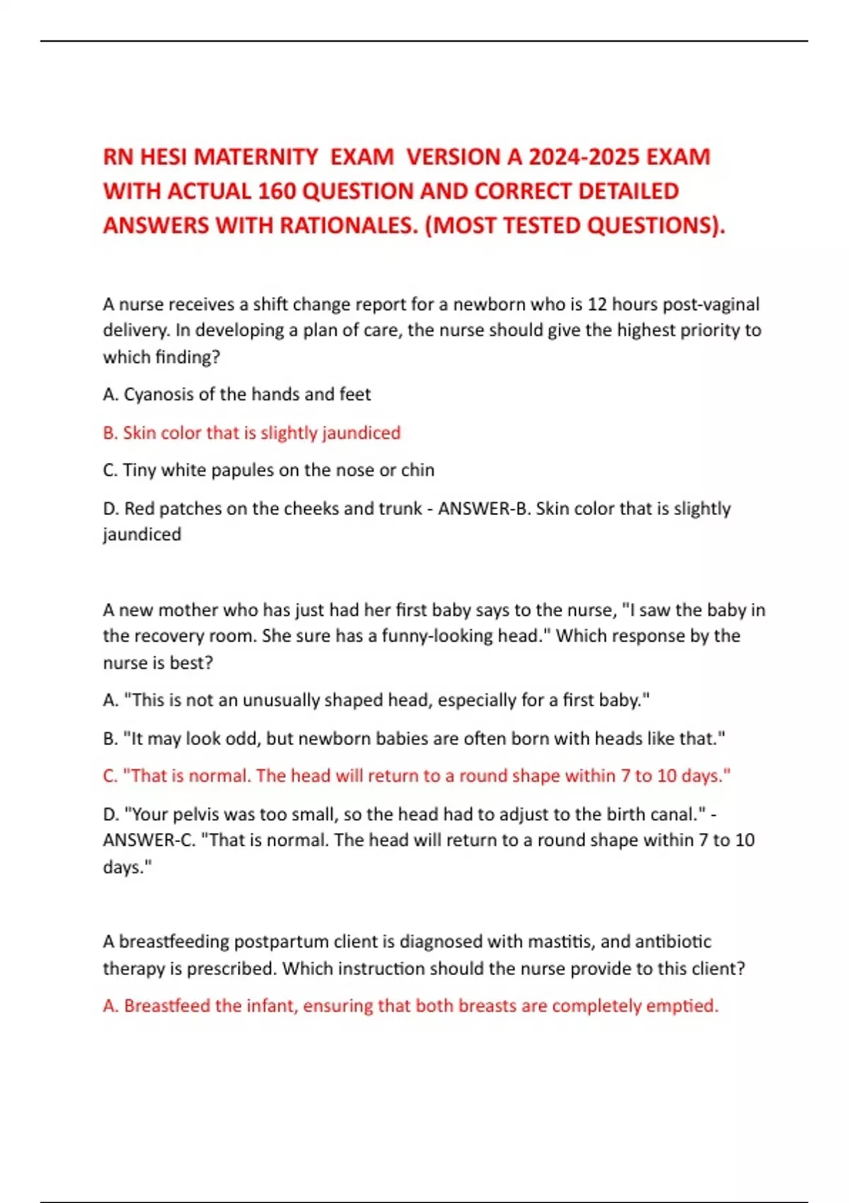 RN HESI MATERNITY EXAM VERSION A EXAM WITH ACTUAL 160 QUESTION AND ...