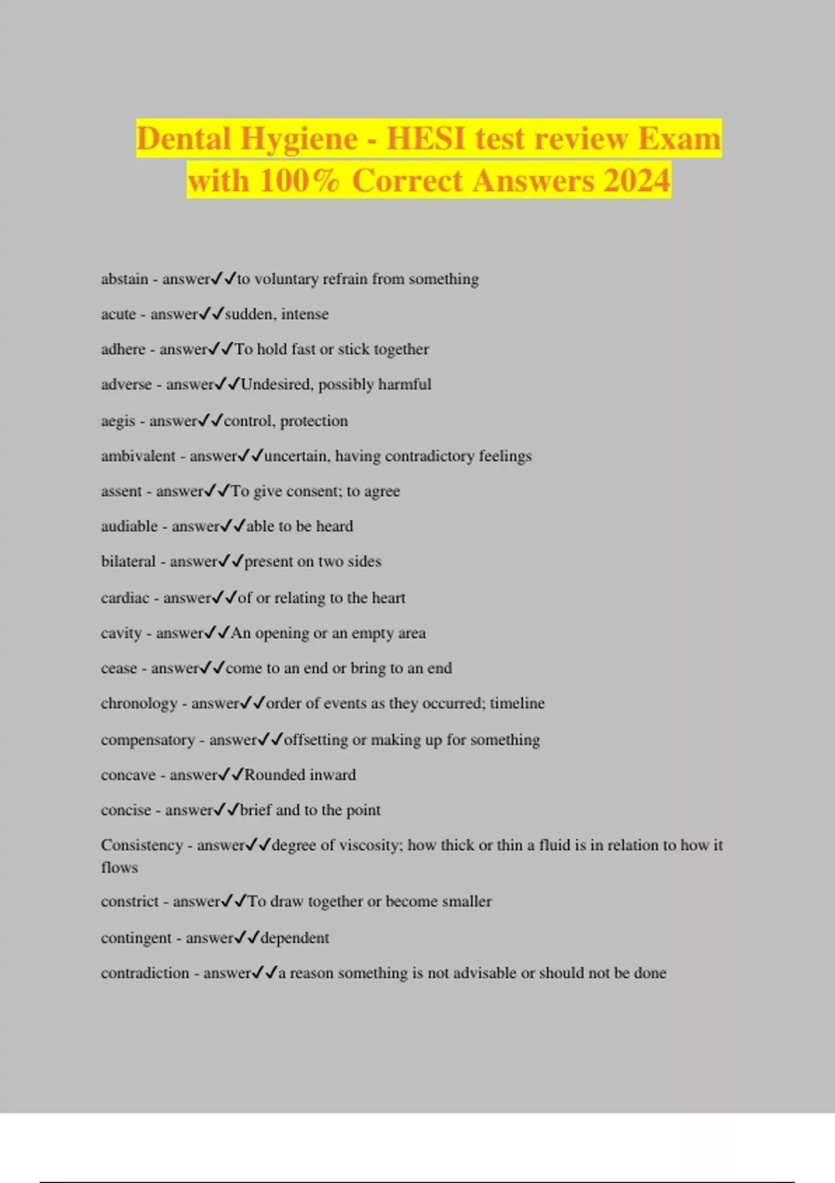 Dental Hygiene HESI test review Exam with 100 Correct Answers 2024