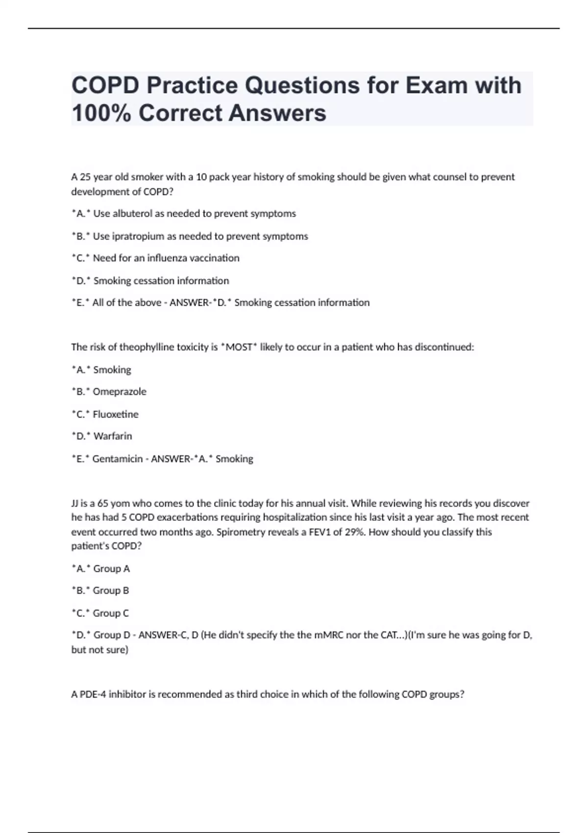 COPD Practice Questions for Exam with 100% Correct Answers - COPD ...