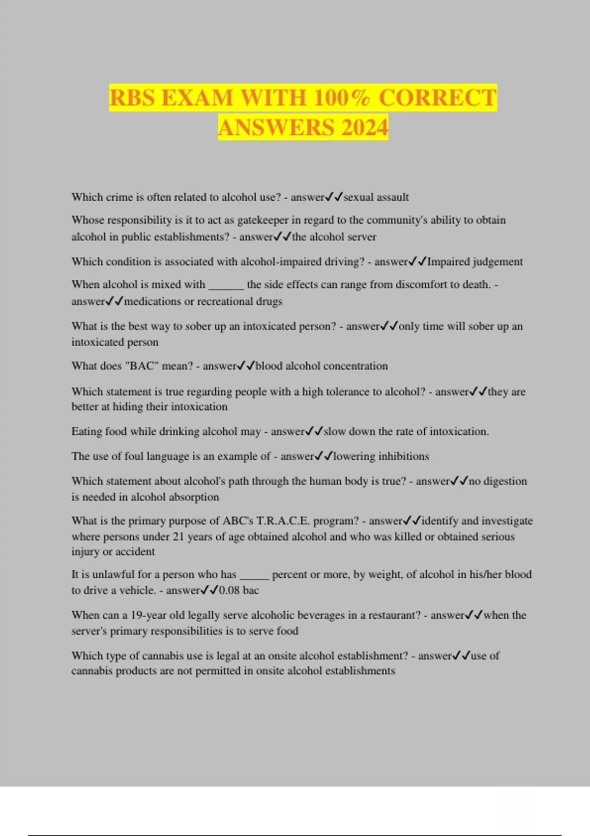 RBS EXAM WITH 100 CORRECT ANSWERS 2024 RBS Alcoholic Beverage