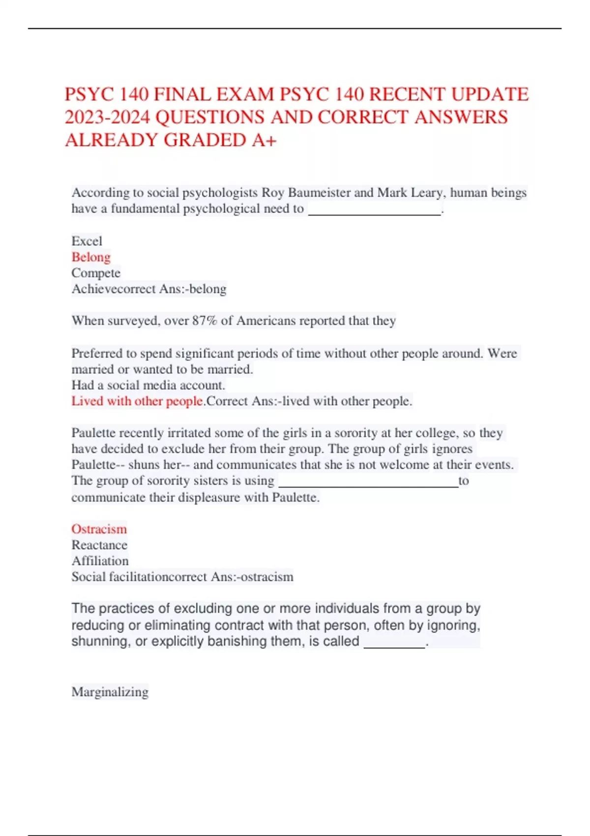 PSYC 140 FINAL EXAMs package ACTUAL QUESTIONS AND ANSWERS - LATEST AND ...