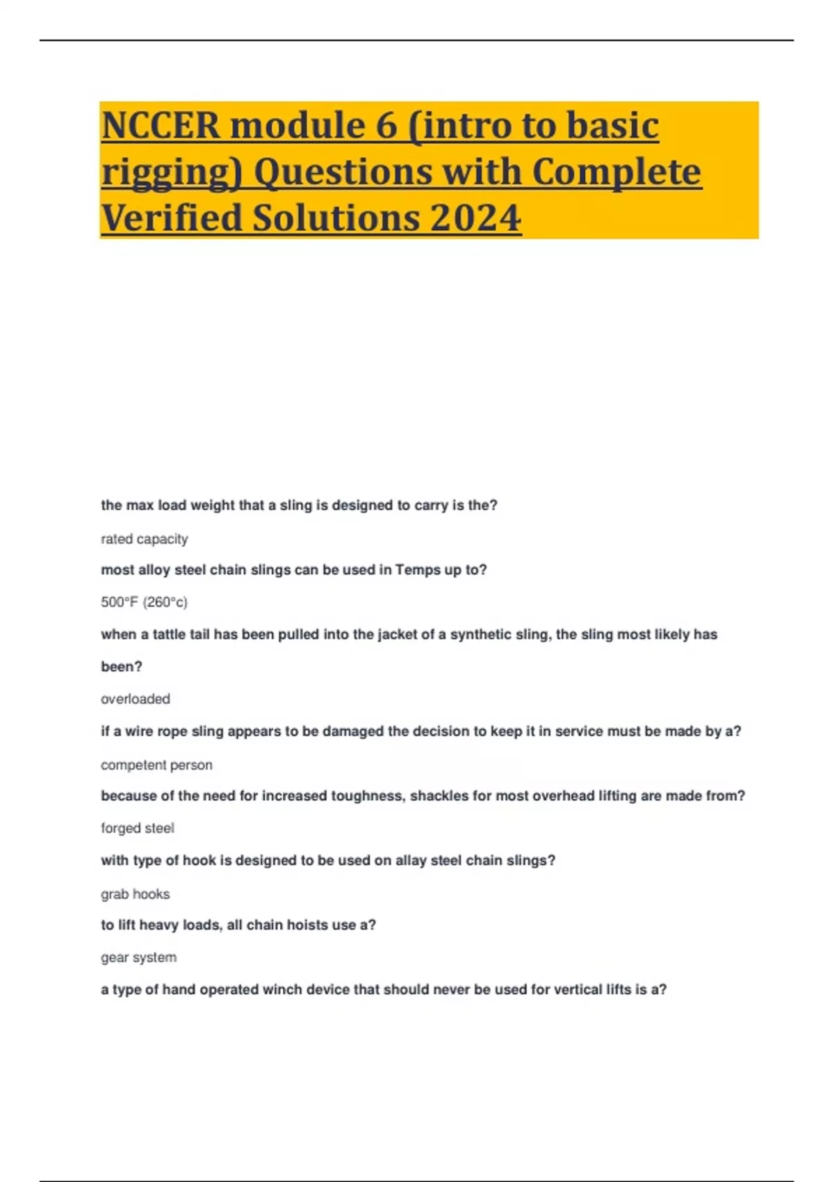 NCCER module 6 (intro to basic rigging) Questions with Complete