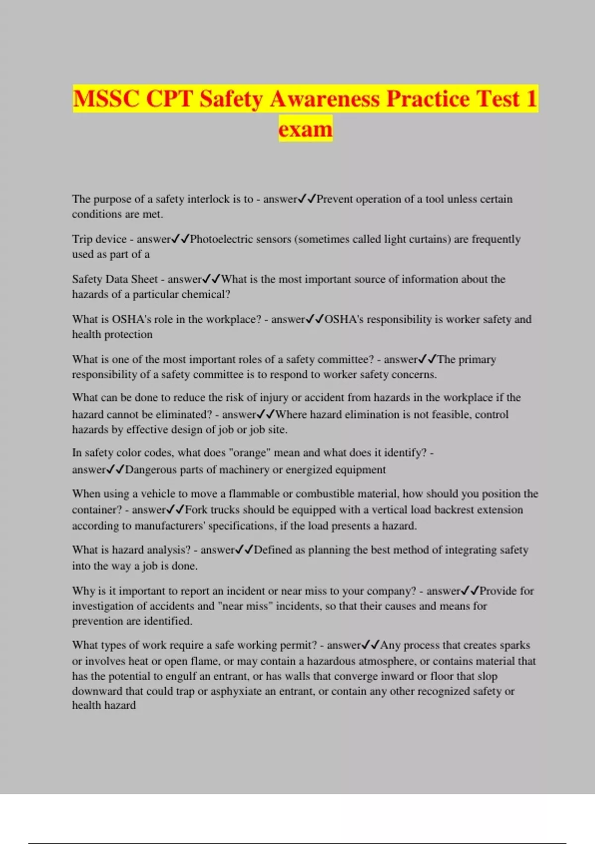 MSSC CPT Safety Awareness Practice Test 1 exam MSSC Safety Stuvia US
