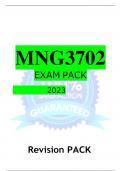 MNG3702 EXAM PACK 2023 Revision PACK Questions. Answers EXAM TIPS Strategic Management-MNG3701/3702 1. Knowledge vs. Understanding Knowledge is when only theory is provided, which will account for 50% mark allocation. Students are required to demonstrate 