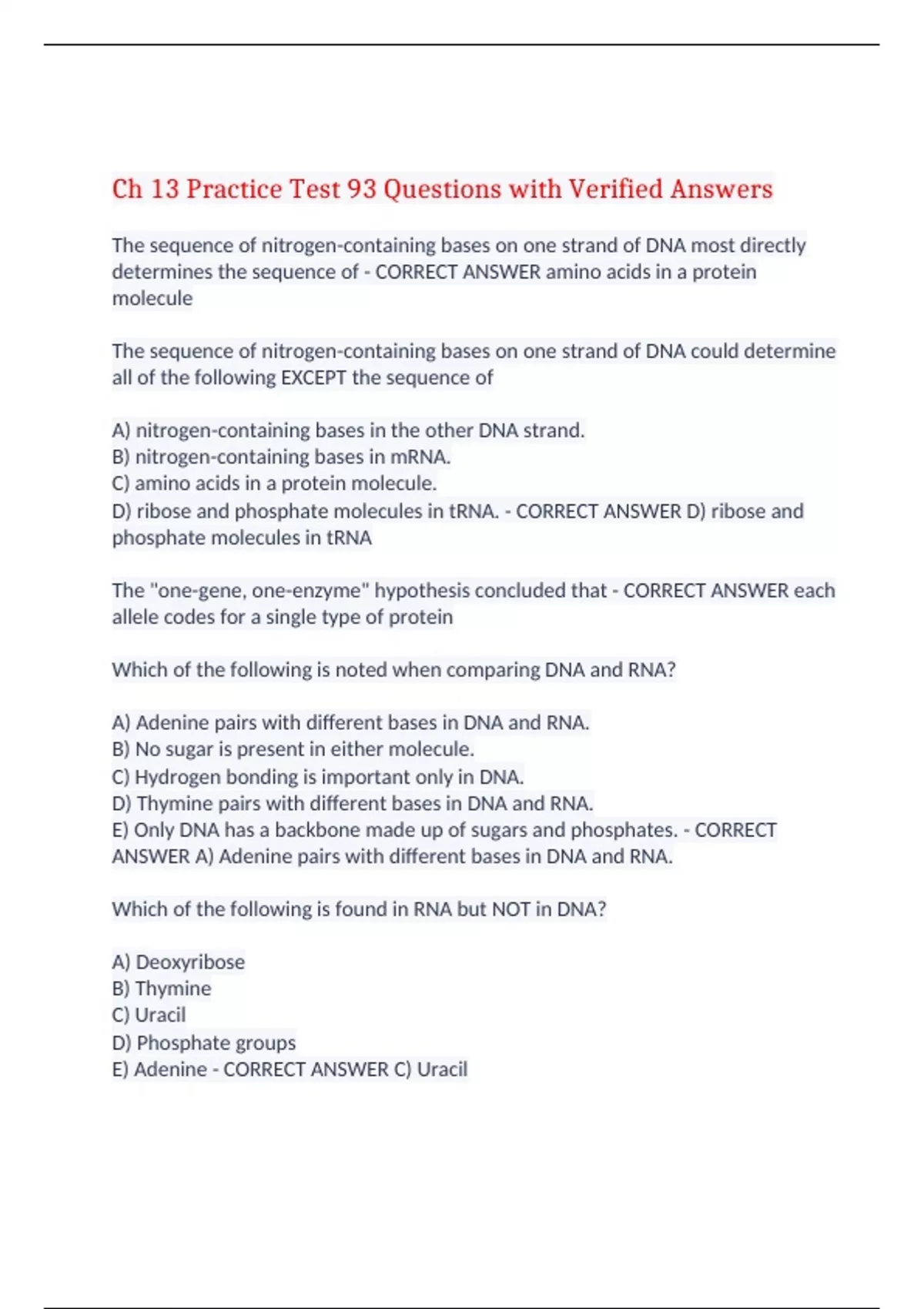 Ch 13 Practice Test 93 Questions with Verified Answers,100% CORRECT ...