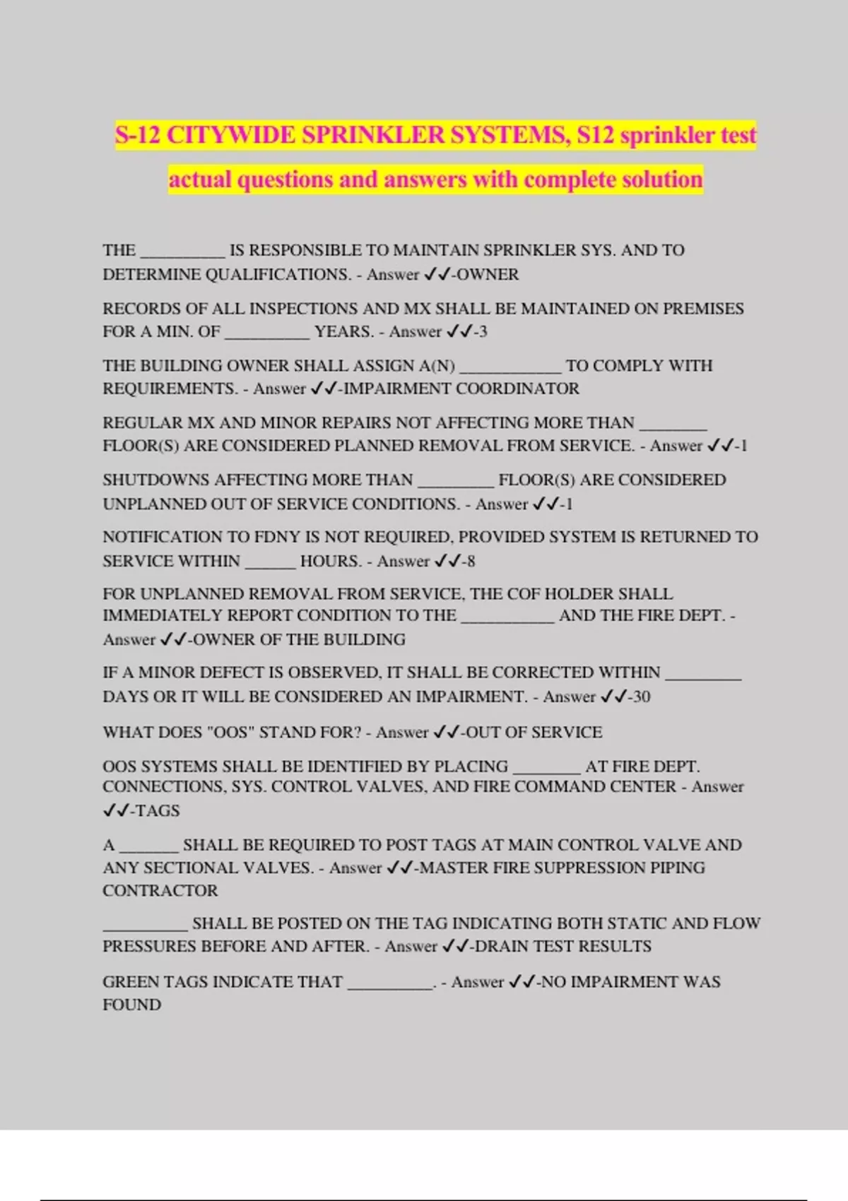 S12 CITYWIDE SPRINKLER SYSTEMS, S12 sprinkler test actual questions