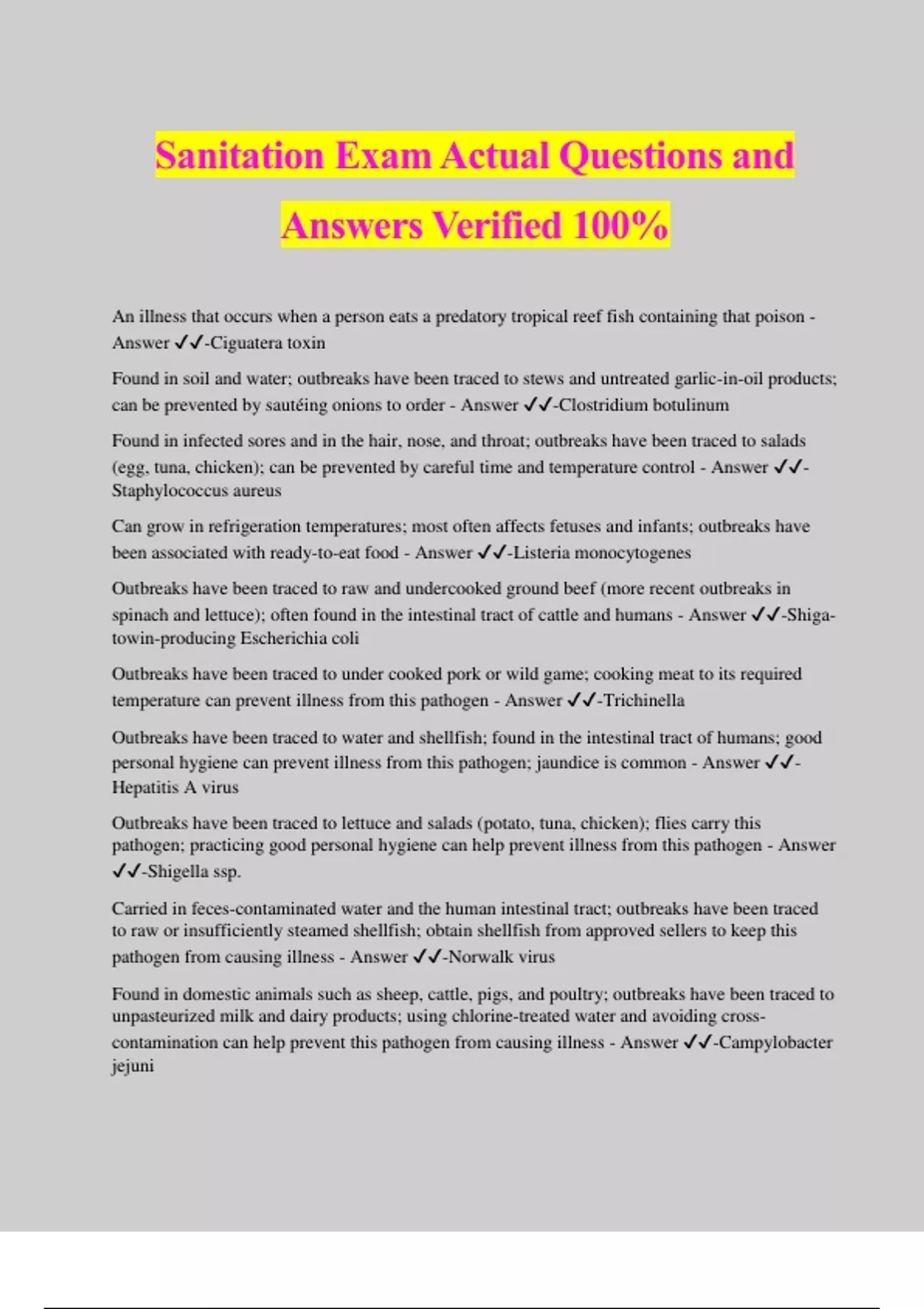 Sanitation Bundled Exams Questions and Answers 100 Verified and Updated 2024 Graded to Pass