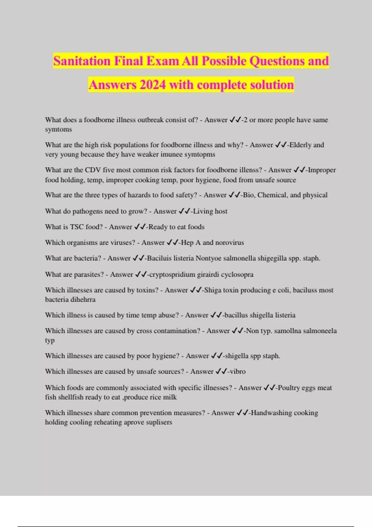 Sanitation Final Exam All Possible Questions and Answers 2024 with ...