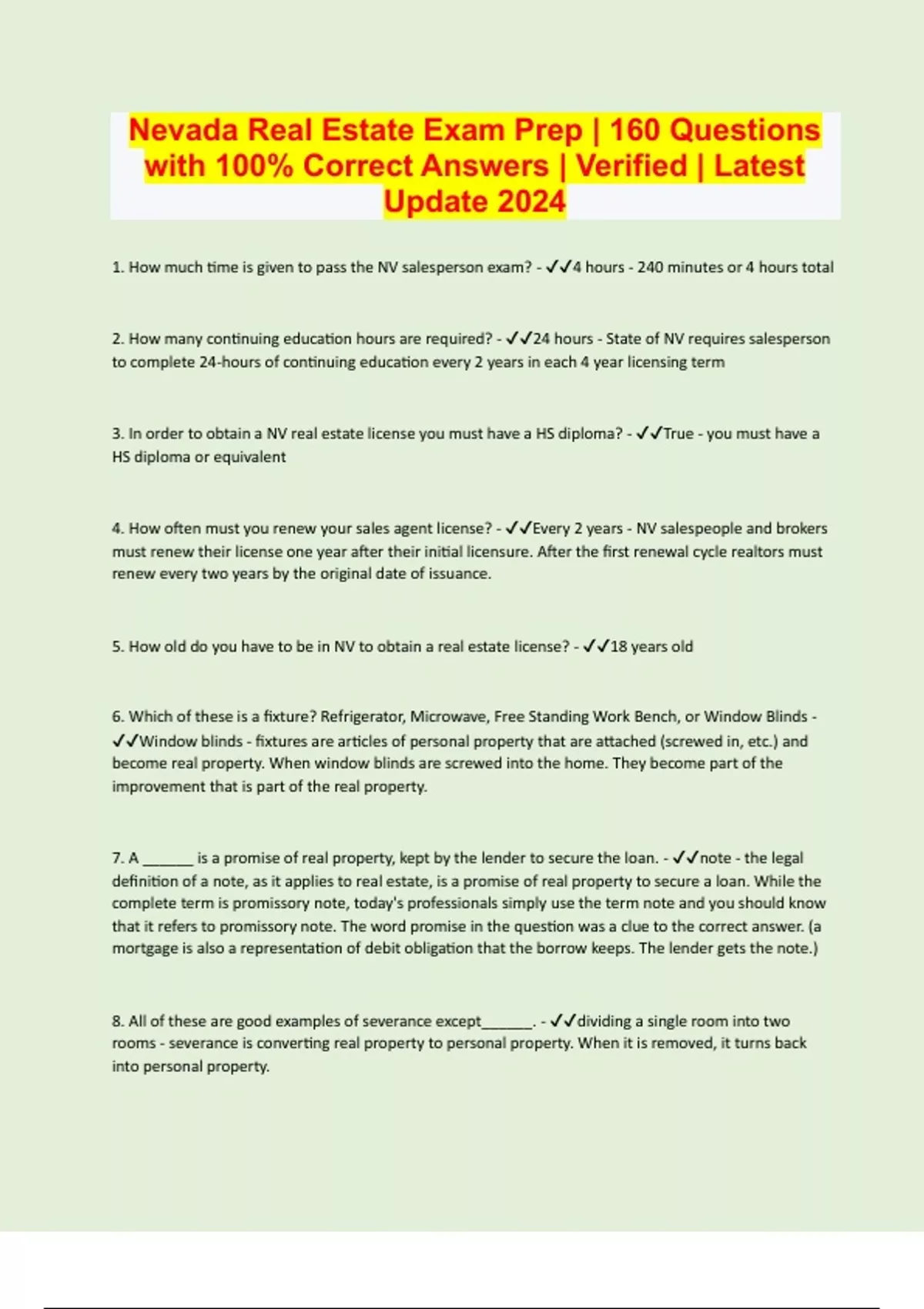 Nevada Real Estate Exam Prep 160 Questions with 100 Correct Answers Verified Latest