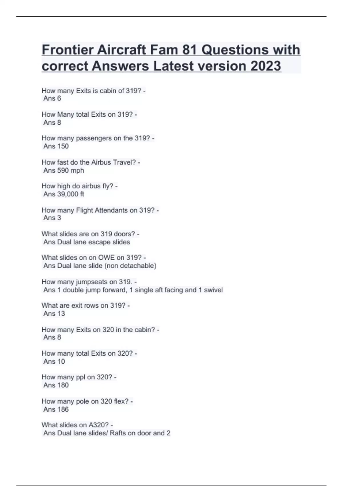 Frontier Aircraft Fam 81 Questions with correct Answers Latest version ...