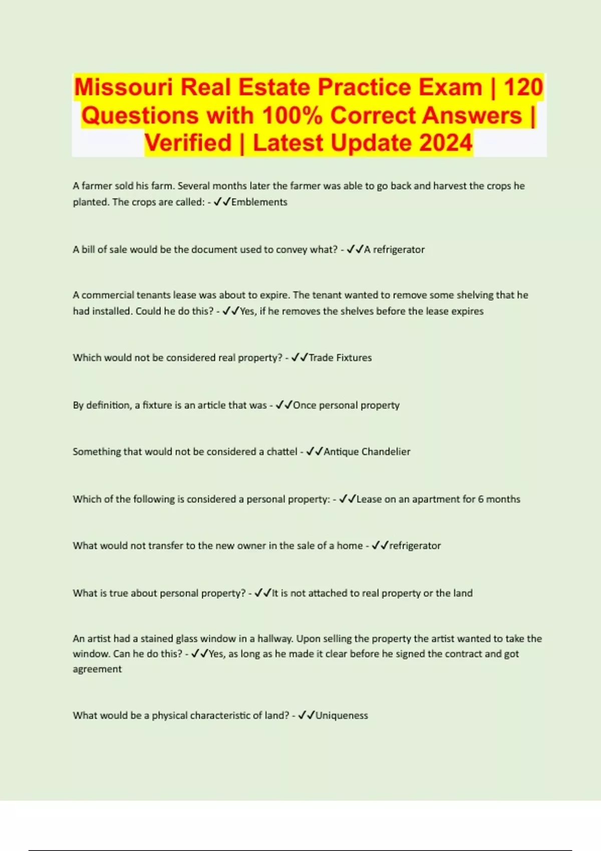 Missouri Real Estate Practice Exam 120 Questions with 100 Correct