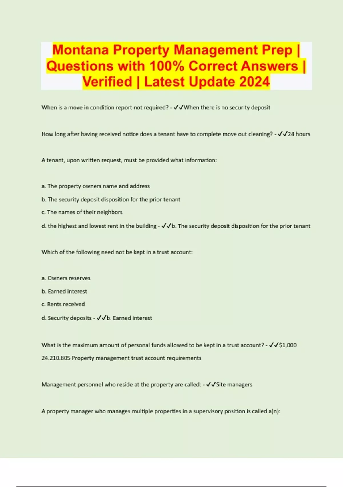 Montana Property Management Prep Questions with 100 Correct Answers