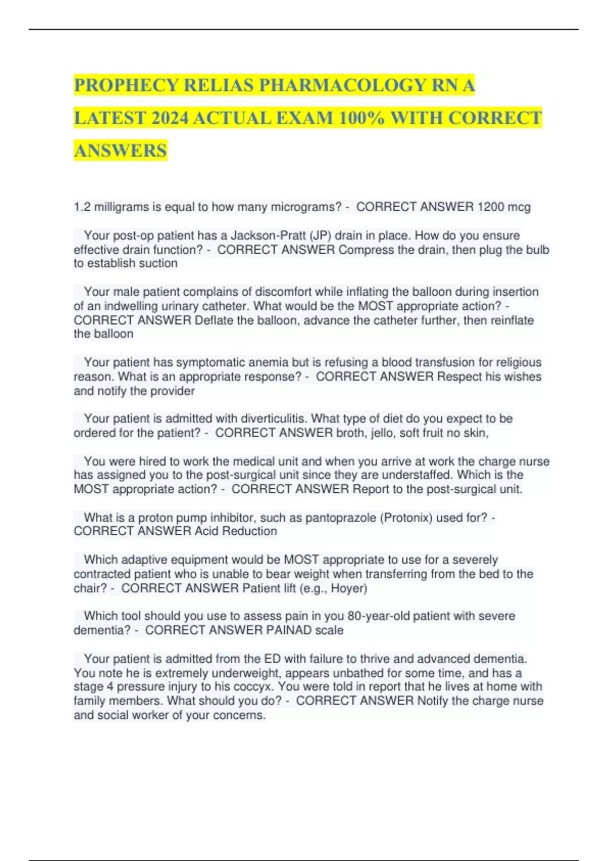 PROPHECY RELIAS PHARMACOLOGY RN A LATEST 2024 ACTUAL EXAM 100 WITH