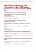 Utah Citizenship Test Exam 2024 Citizenship Utah Exam 2024 Update Questions and Correct Answers Rated A&plus;