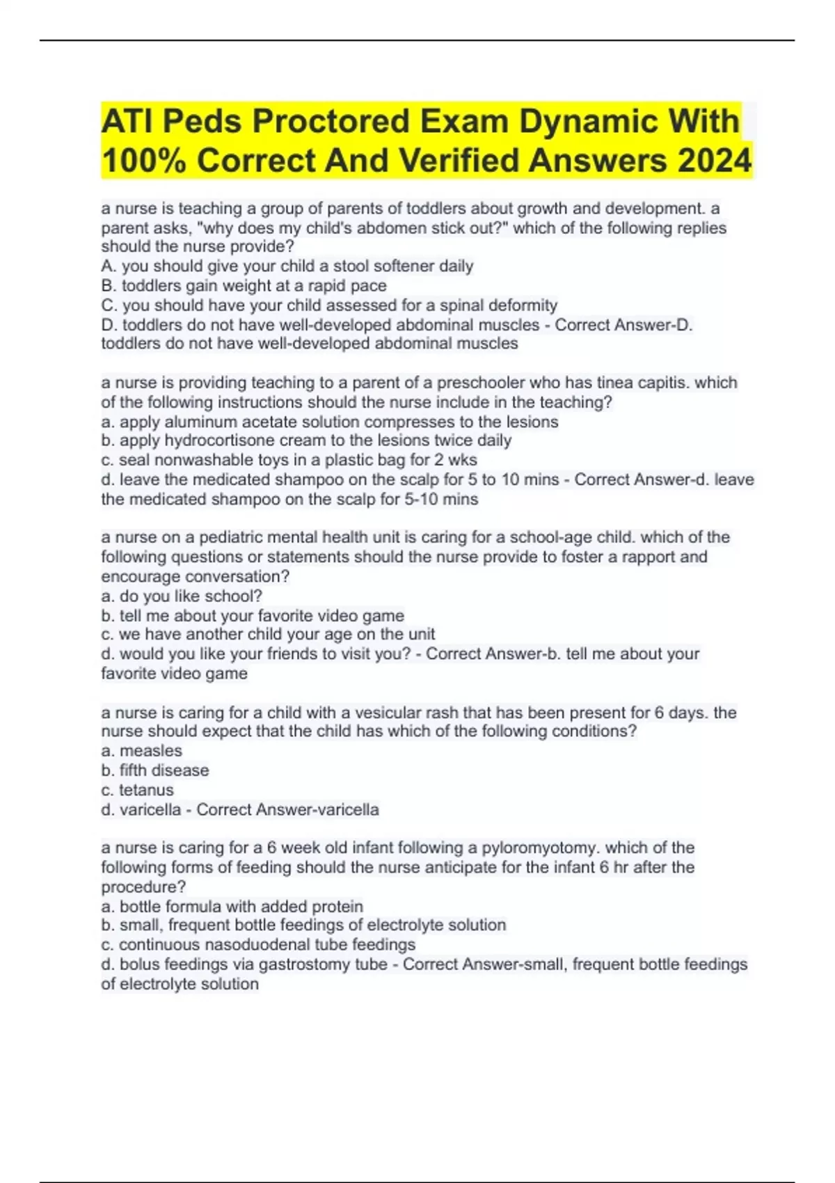ATI Peds Proctored Exam Dynamic With 100% Correct And Verified Answers ...