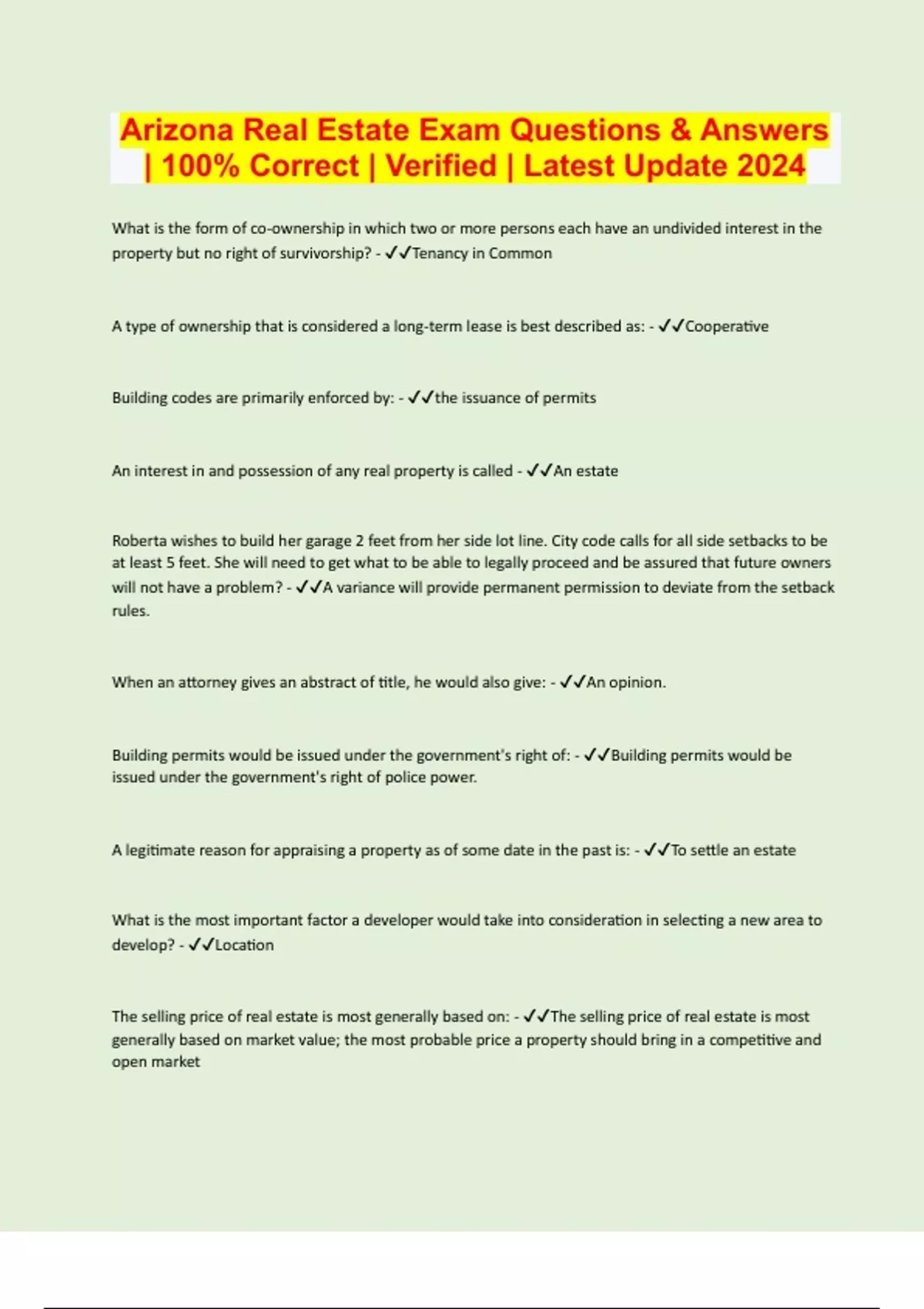 Arizona Real Estate Exam Questions & Answers 100 Correct Verified Latest Update 2024