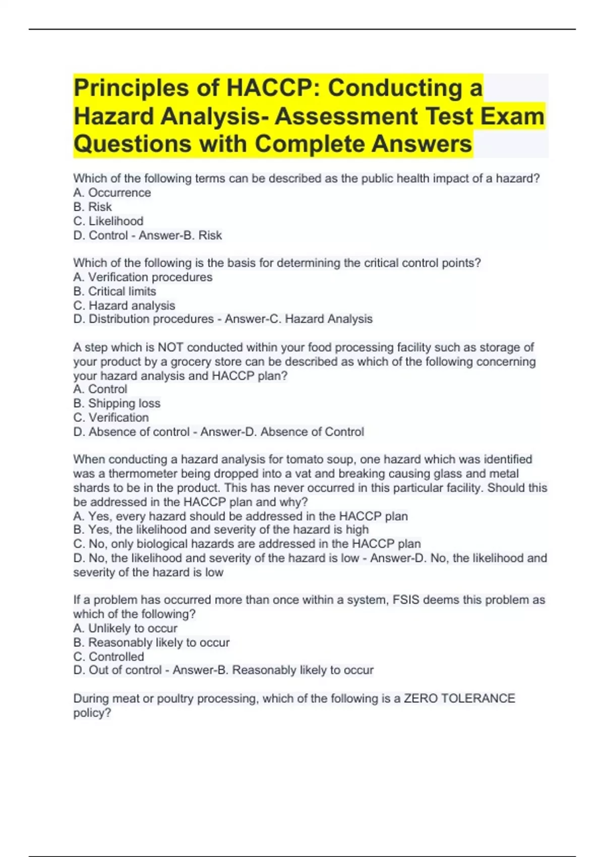 Principles of HACCP Conducting a Hazard Analysis Assessment Test Exam