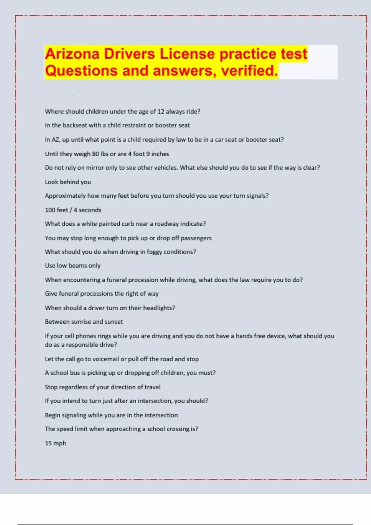 Arizona Drivers License practice test Questions and answers, verified./ LATEST UPDATES FOR 2024 ...