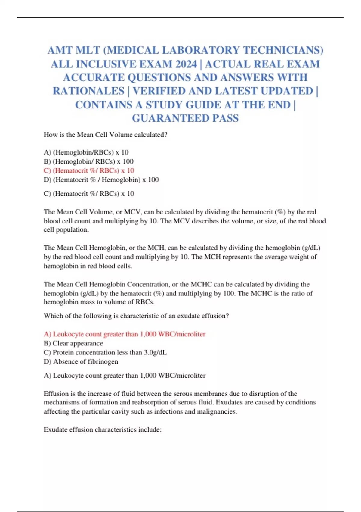 AMT MLT (MEDICAL LABORATORY TECHNICIANS) ALL INCLUSIVE EXAM 2024