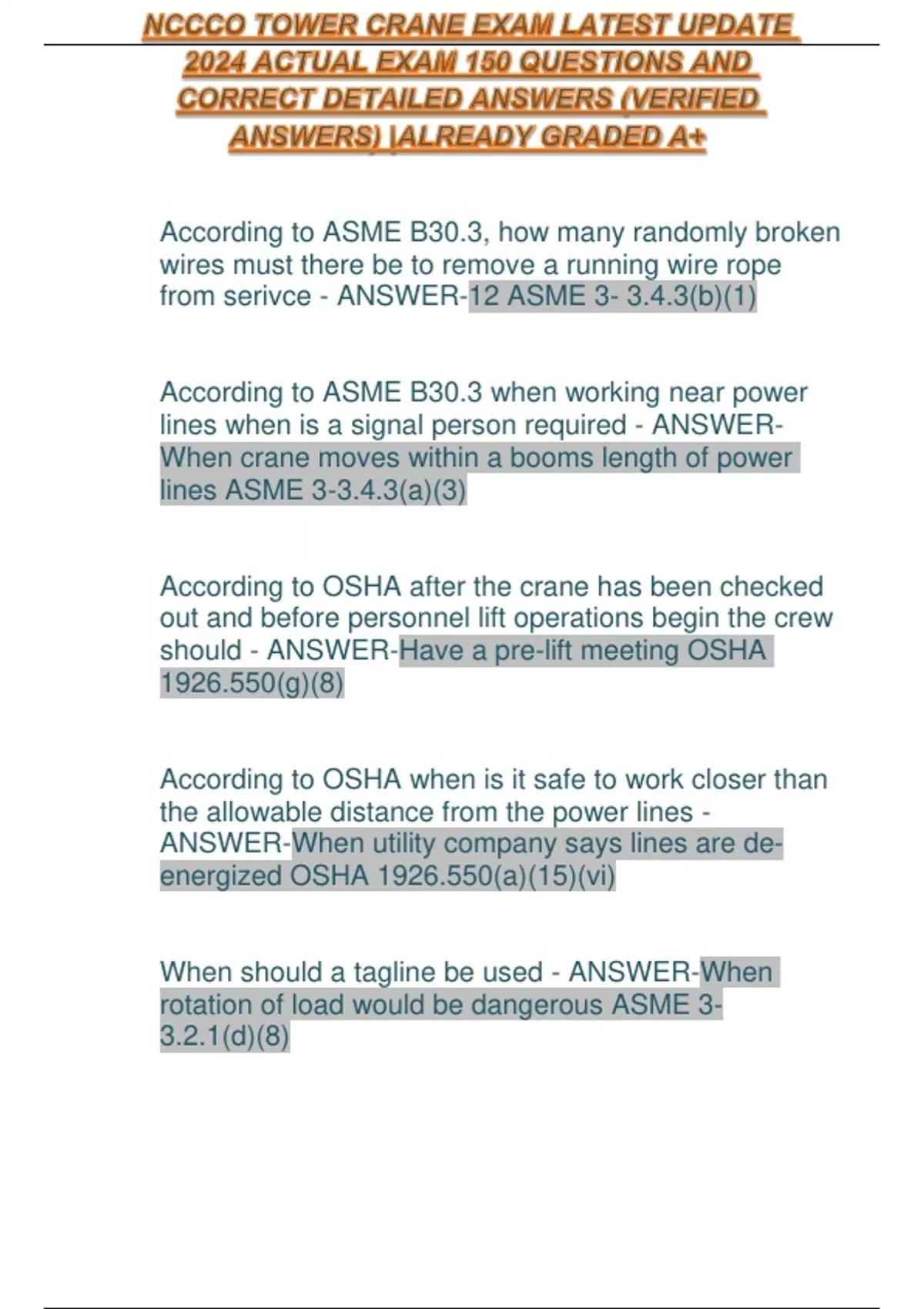 NCCCO TOWER CRANE EXAM LATEST VERSION 2024 ACTUAL EXAM 150 QUESTIONS AND CORRECT DETAILED