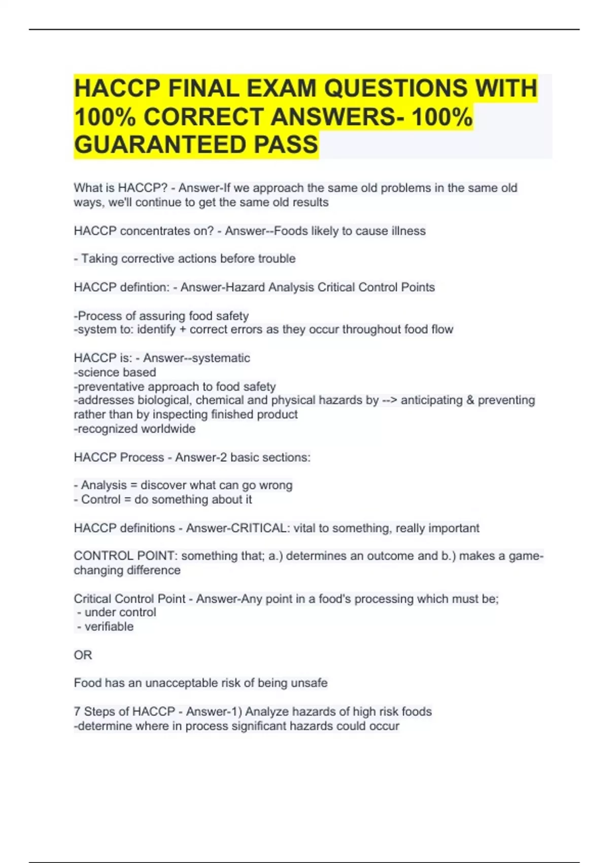 HACCP FINAL EXAM QUESTIONS WITH 100 CORRECT ANSWERS 100 GUARANTEED