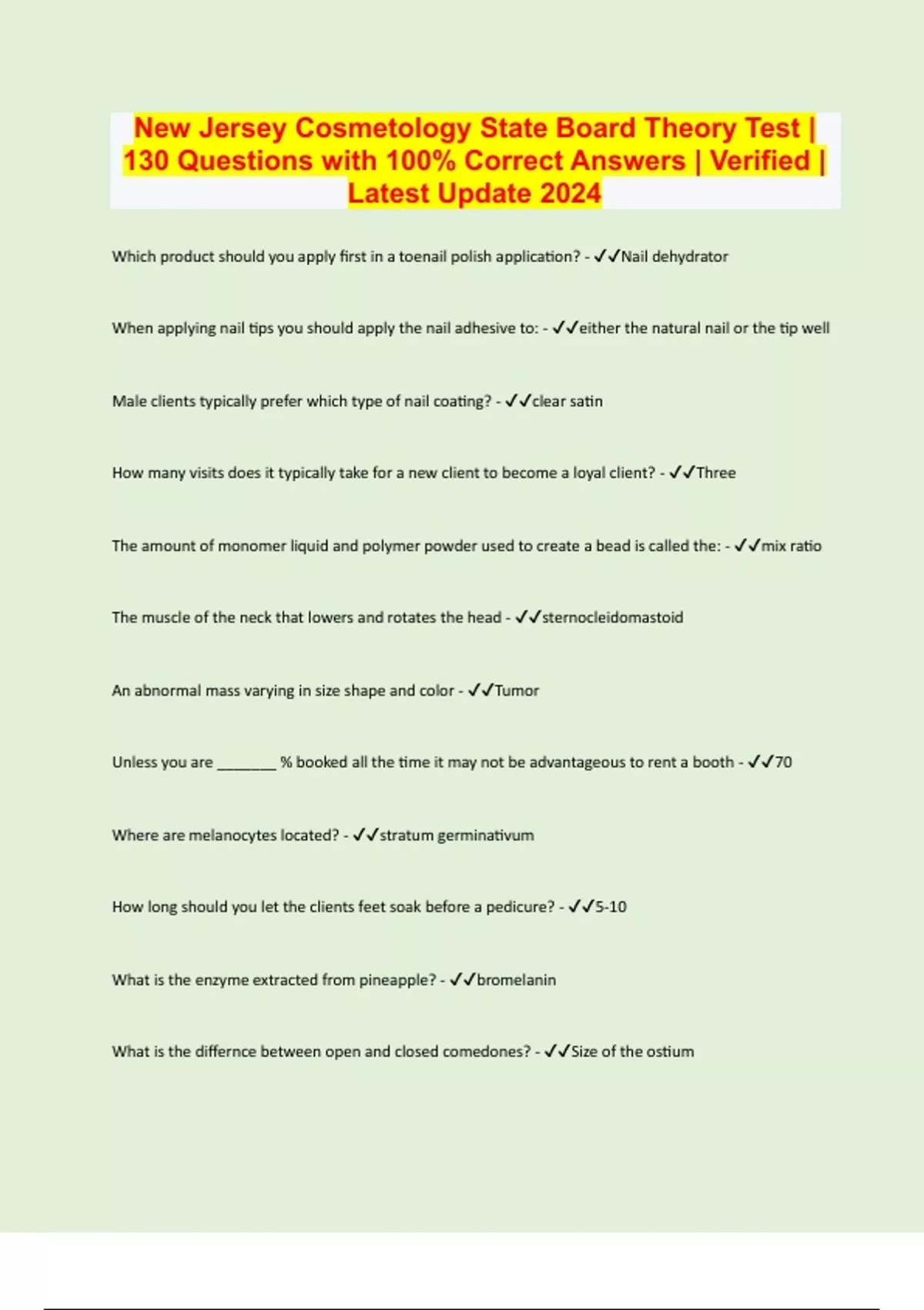 New Jersey Cosmetology State Board Theory Test | 130 Questions with 100 ...
