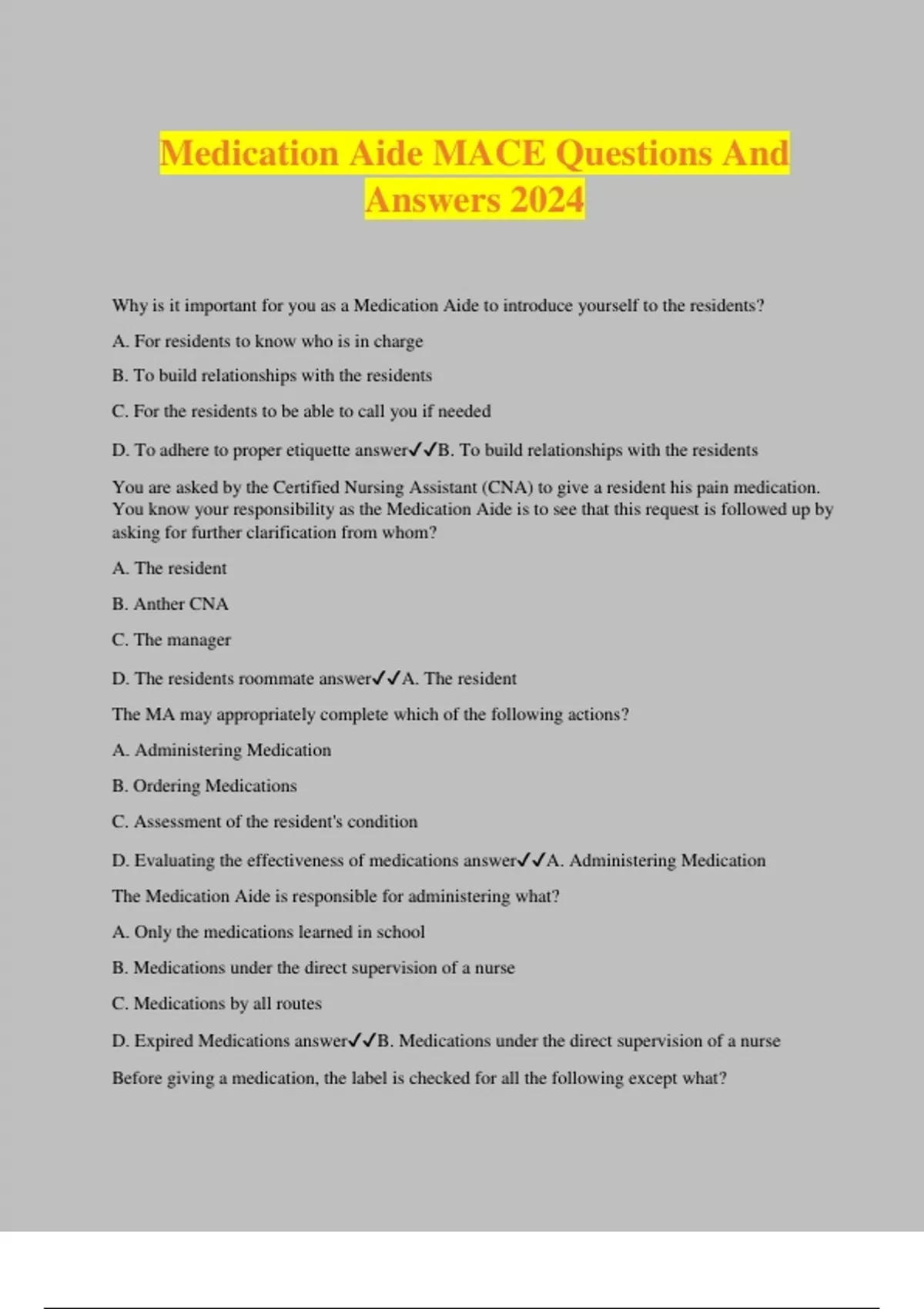 Medication Aide MACE Questions And Answers 2024 Mace Stuvia US