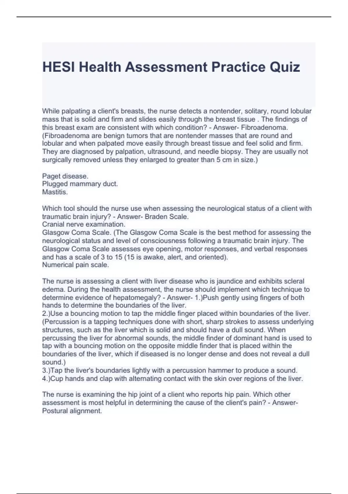 HESI Health Assessment Practice Quiz with complete solutions HESI