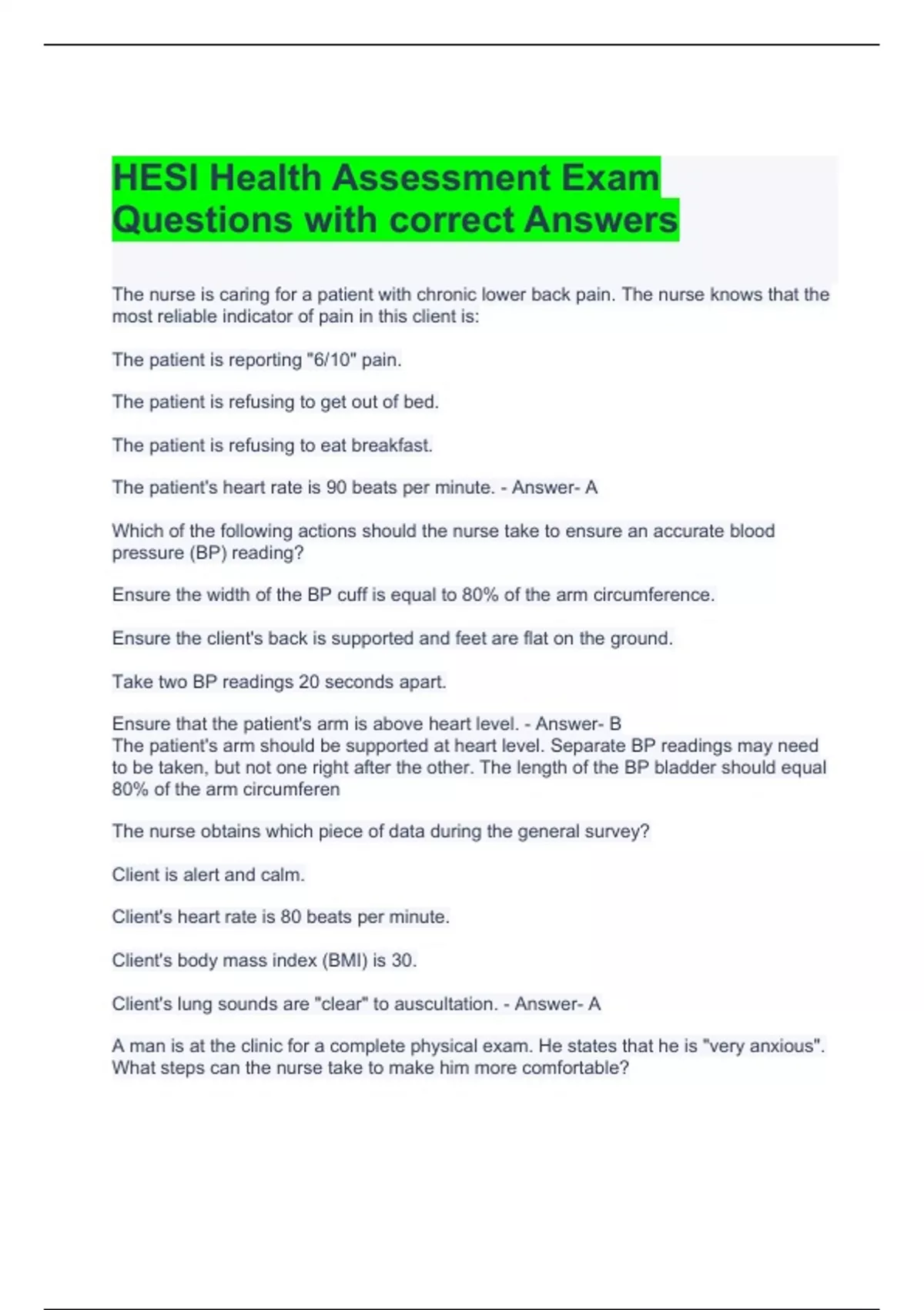 HESI Health Assessment Exam Questions with correct Answers - HESI ...
