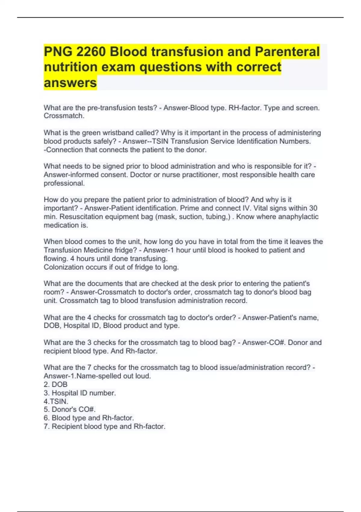 PNG 2260 Blood transfusion and Parenteral nutrition exam questions with