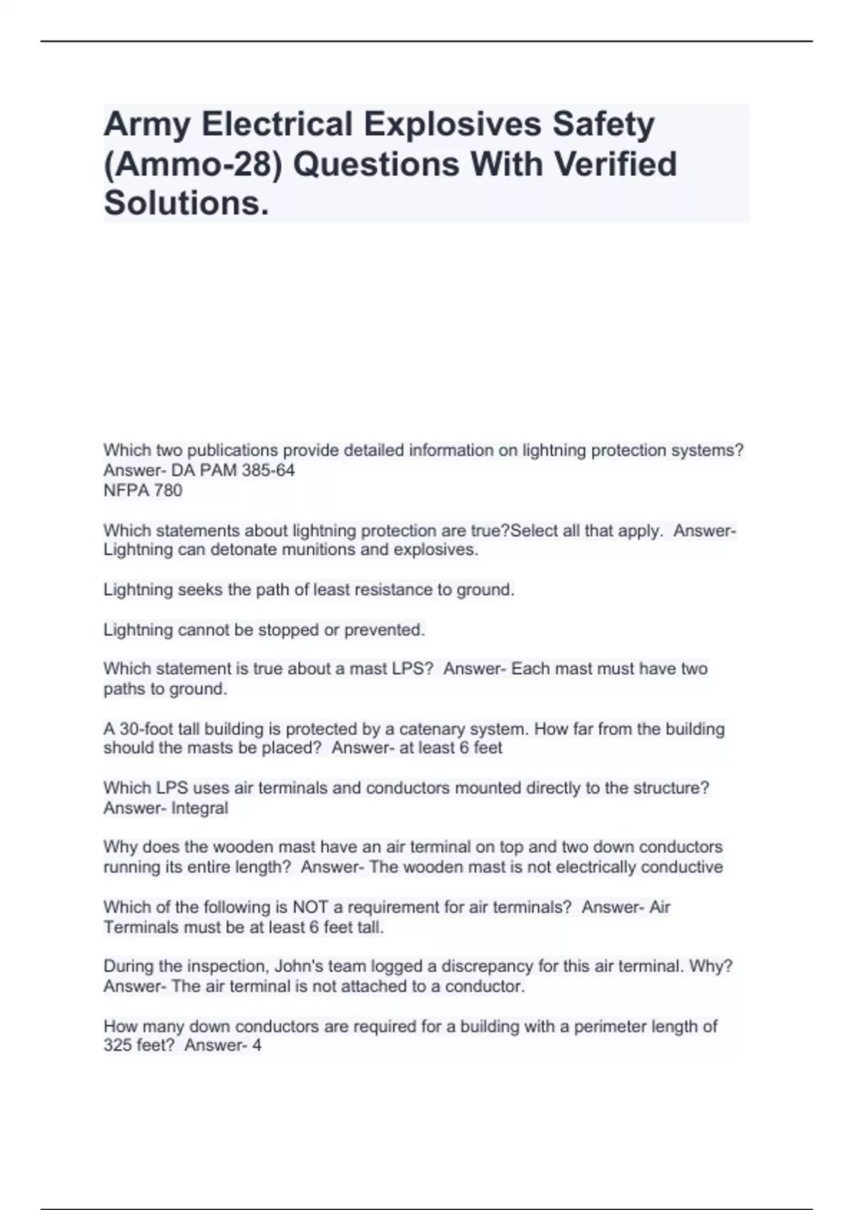 Army Electrical Explosives Safety (Ammo28) Questions With Verified