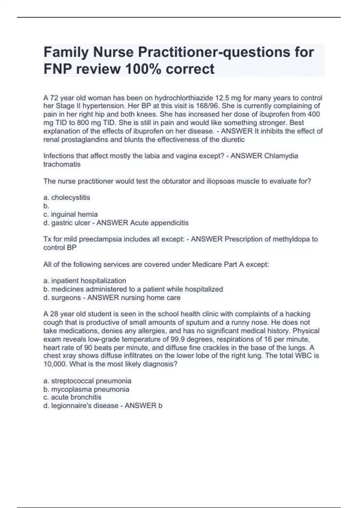 Family Nurse Practitioner-questions for FNP review 100% correct ...