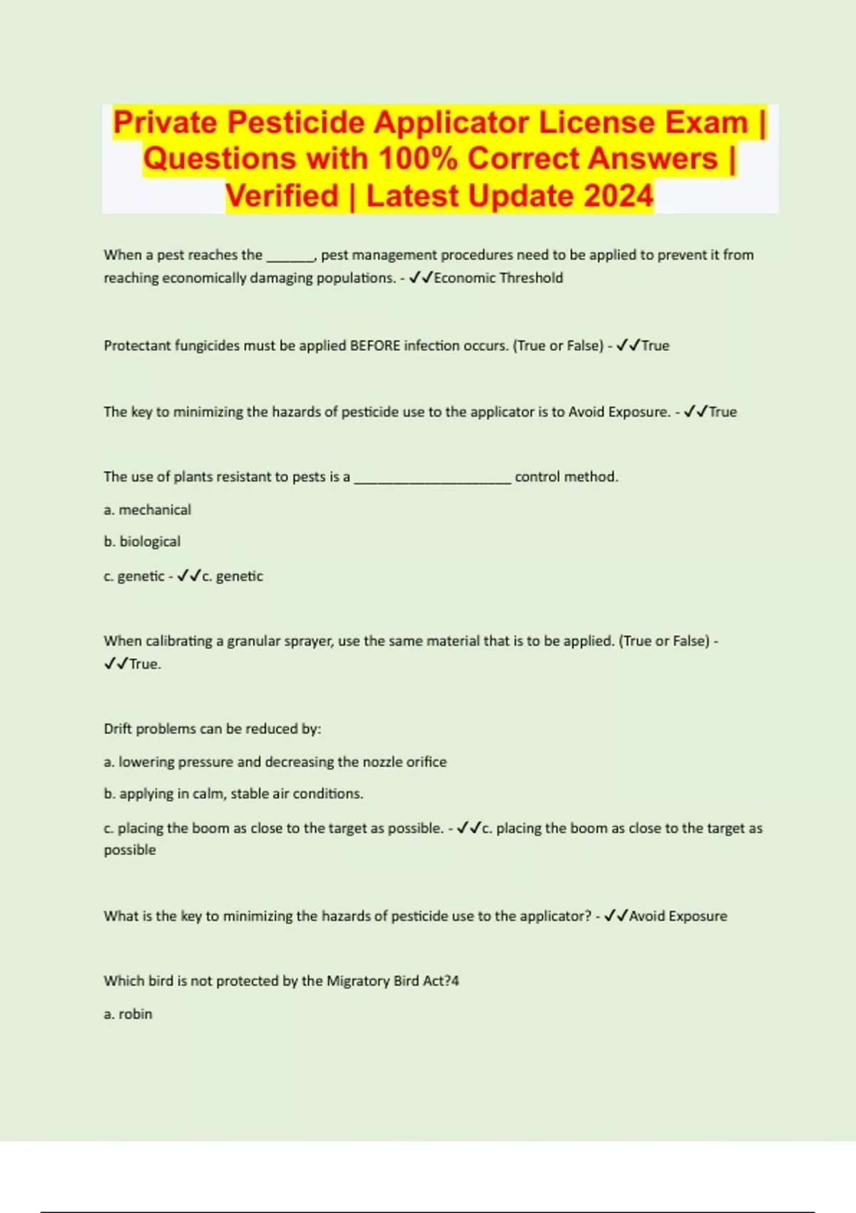 Private Pesticide Applicator License Exam Questions with 100 Correct