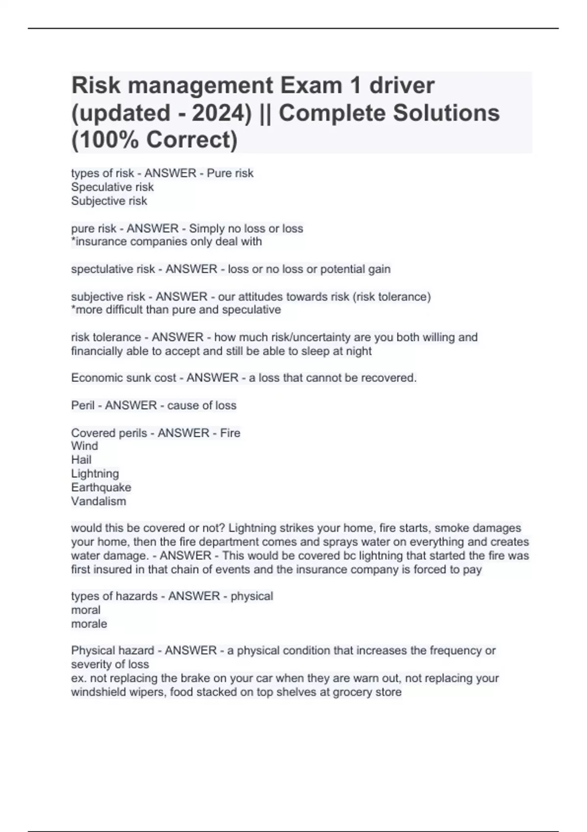 Risk management Exam 1 driver (updated - 2024) || Complete Solutions ...