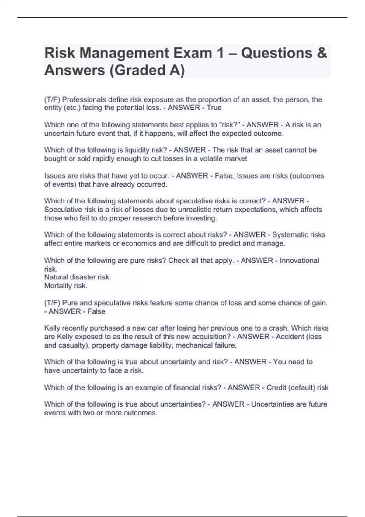 Risk Management Exam 1 – Questions & Answers (Graded A) - Risk ...