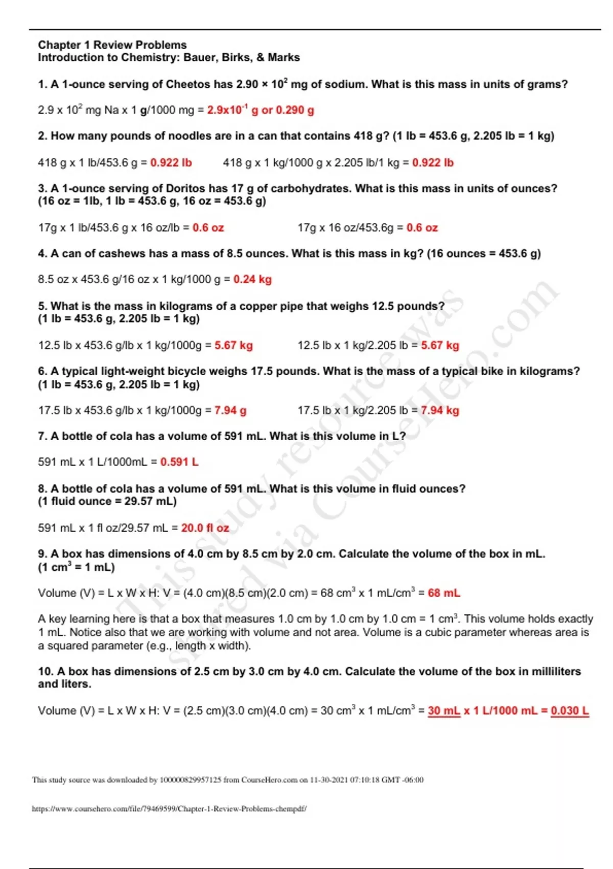 CHEM 120 Chapter 1 Review Problems (GRADED A+) Introduction to ...