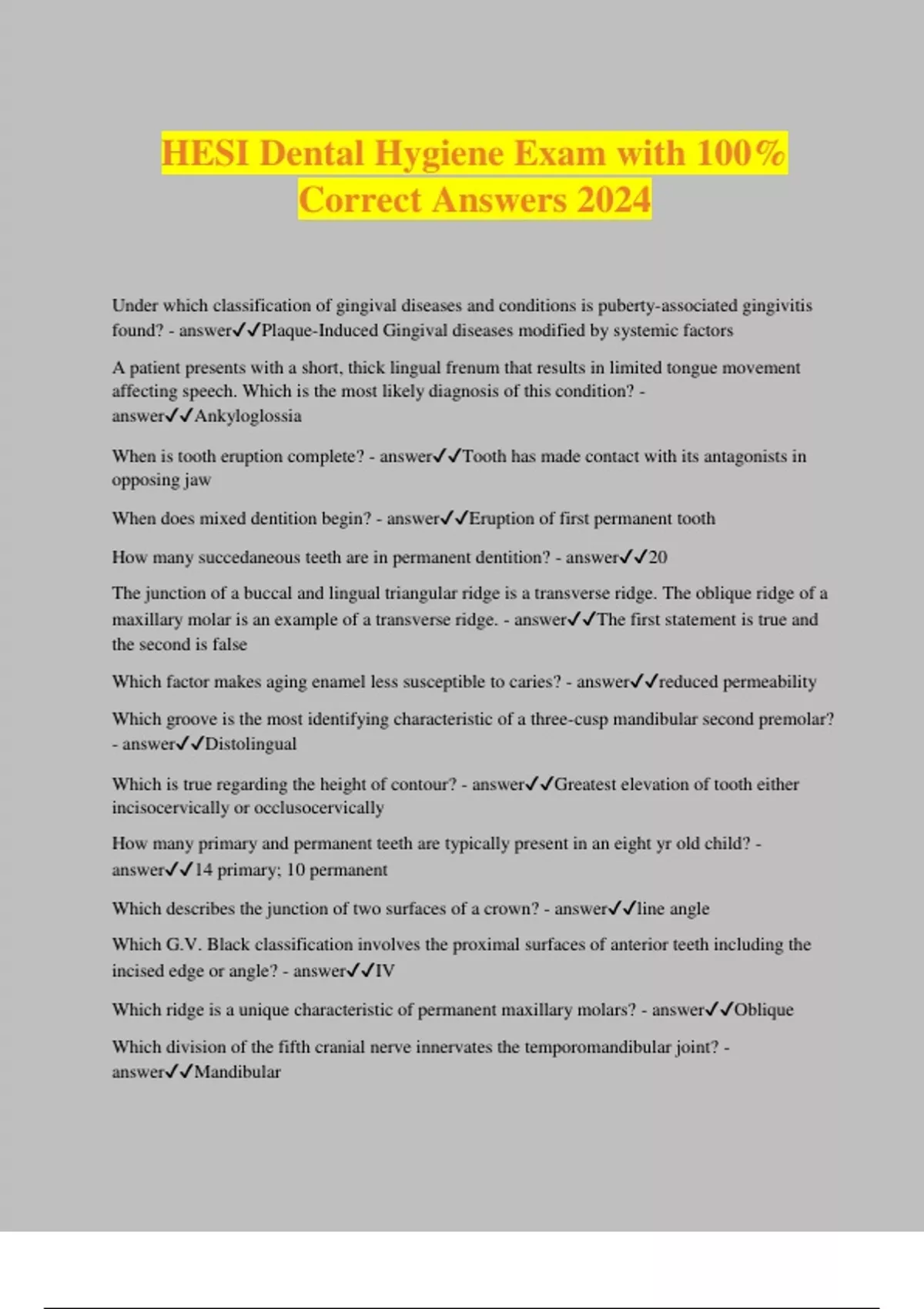 HESI Dental Hygiene Exam with 100 Correct Answers 2024 Hesi exit