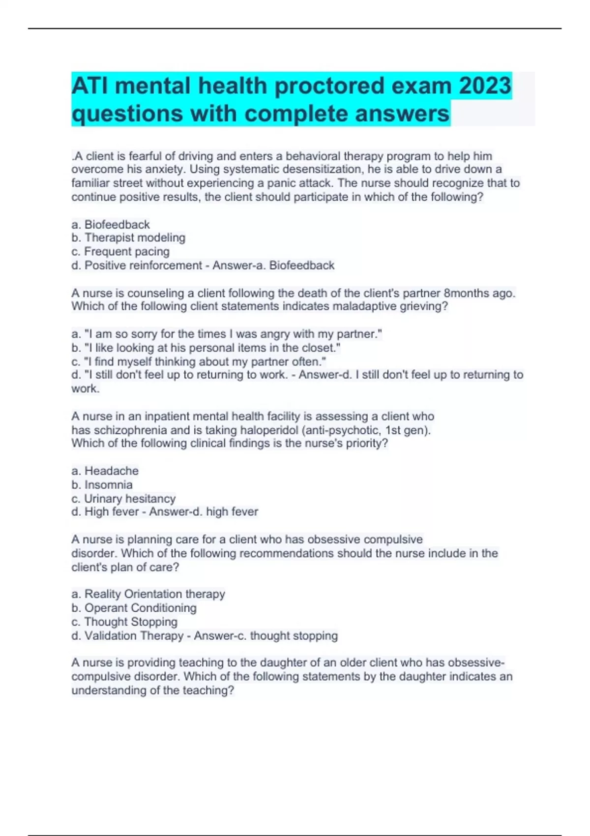 ATI mental health proctored exam 2023 questions with complete answers ...